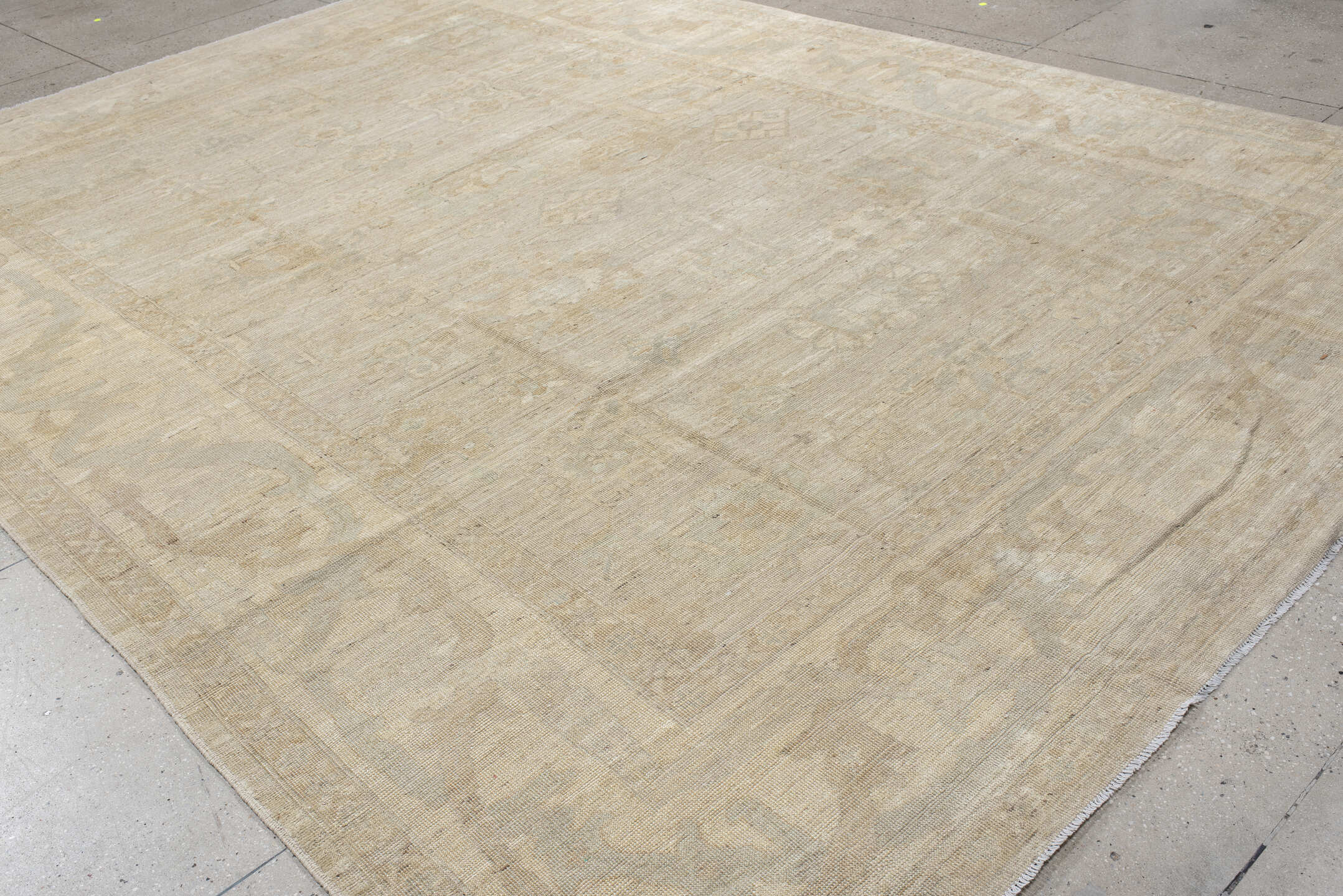 10' x 14' one-of-a-kind handmade vintage Oushak large size rug. Color palette: ivory, beige, cream, taupe, pale sage, sand