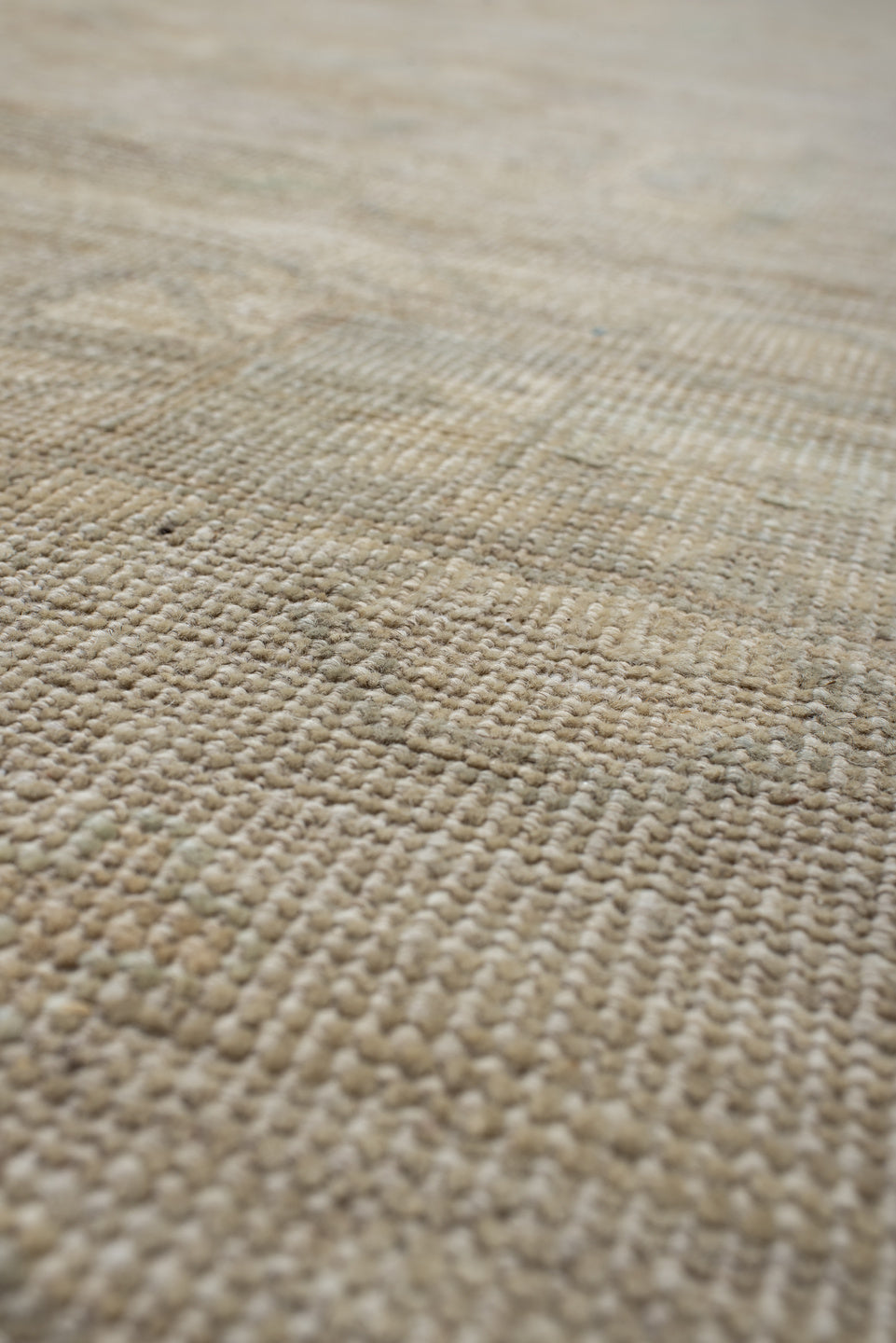 10' x 14' one-of-a-kind handmade vintage Oushak large size rug. Color palette: ivory, beige, cream, taupe, pale sage, sand