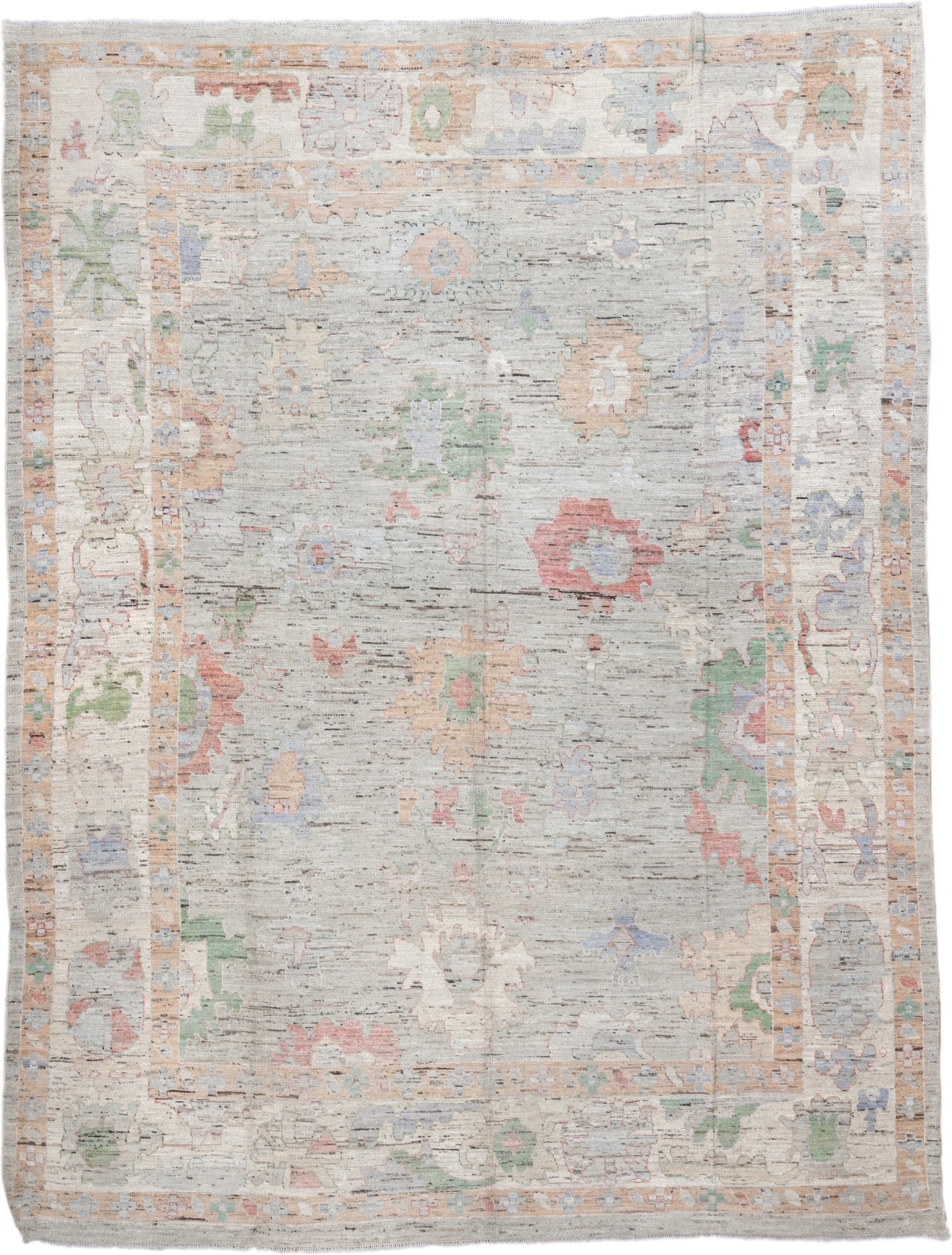 12' x 15' one-of-a-kind handmade vintage Oushak oversize rug. Color palette: light gray, ivory, blush, sage, muted blue