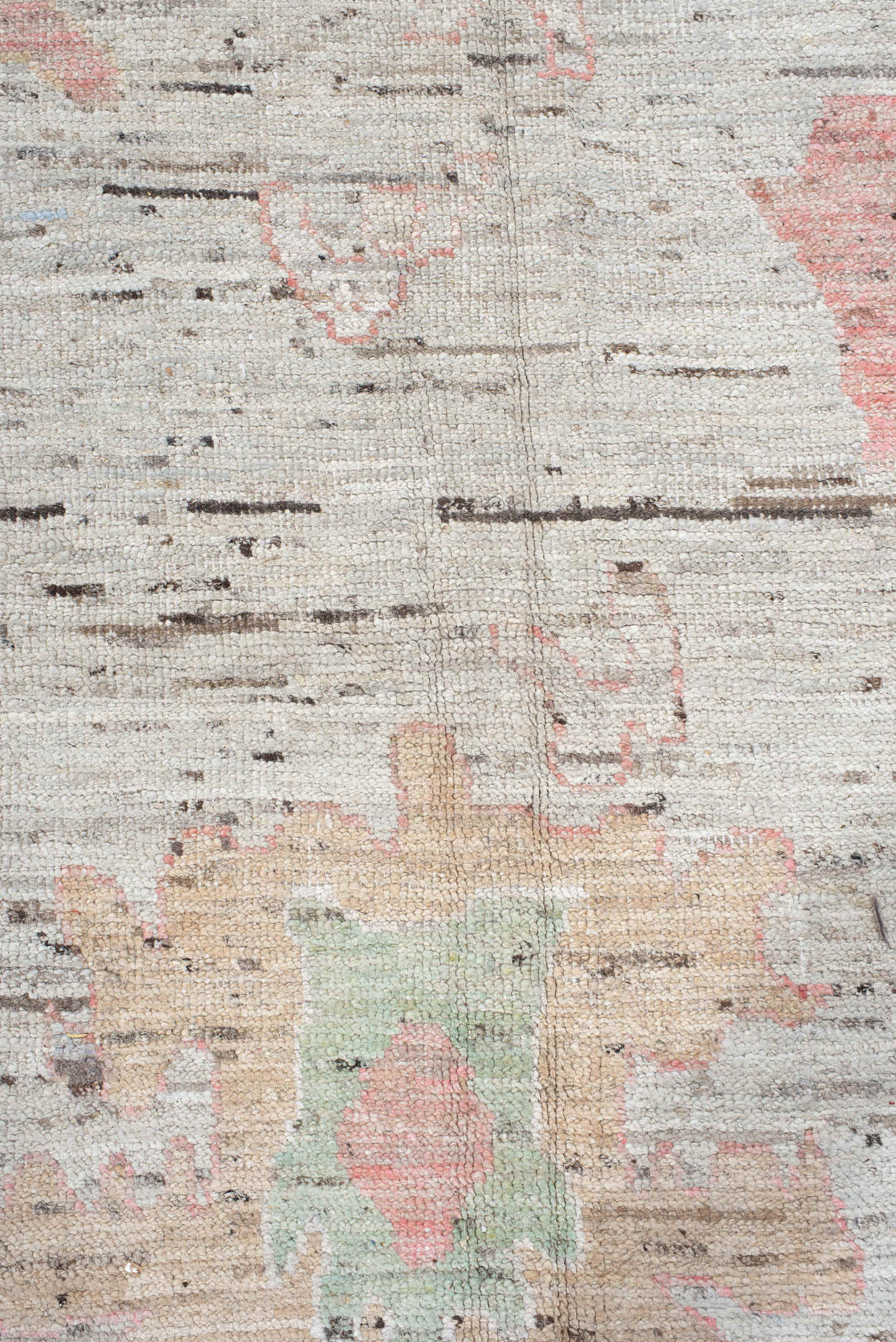 12' x 15' one-of-a-kind handmade vintage Oushak oversize rug. Color palette: light gray, ivory, blush, sage, muted blue