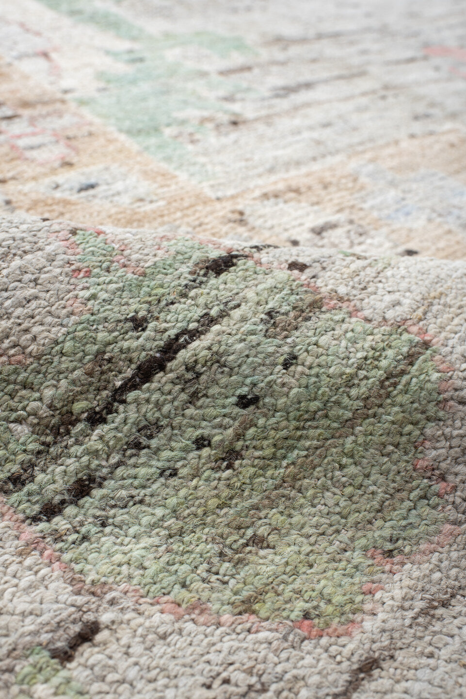12' x 15' one-of-a-kind handmade vintage Oushak oversize rug. Color palette: light gray, ivory, blush, sage, muted blue