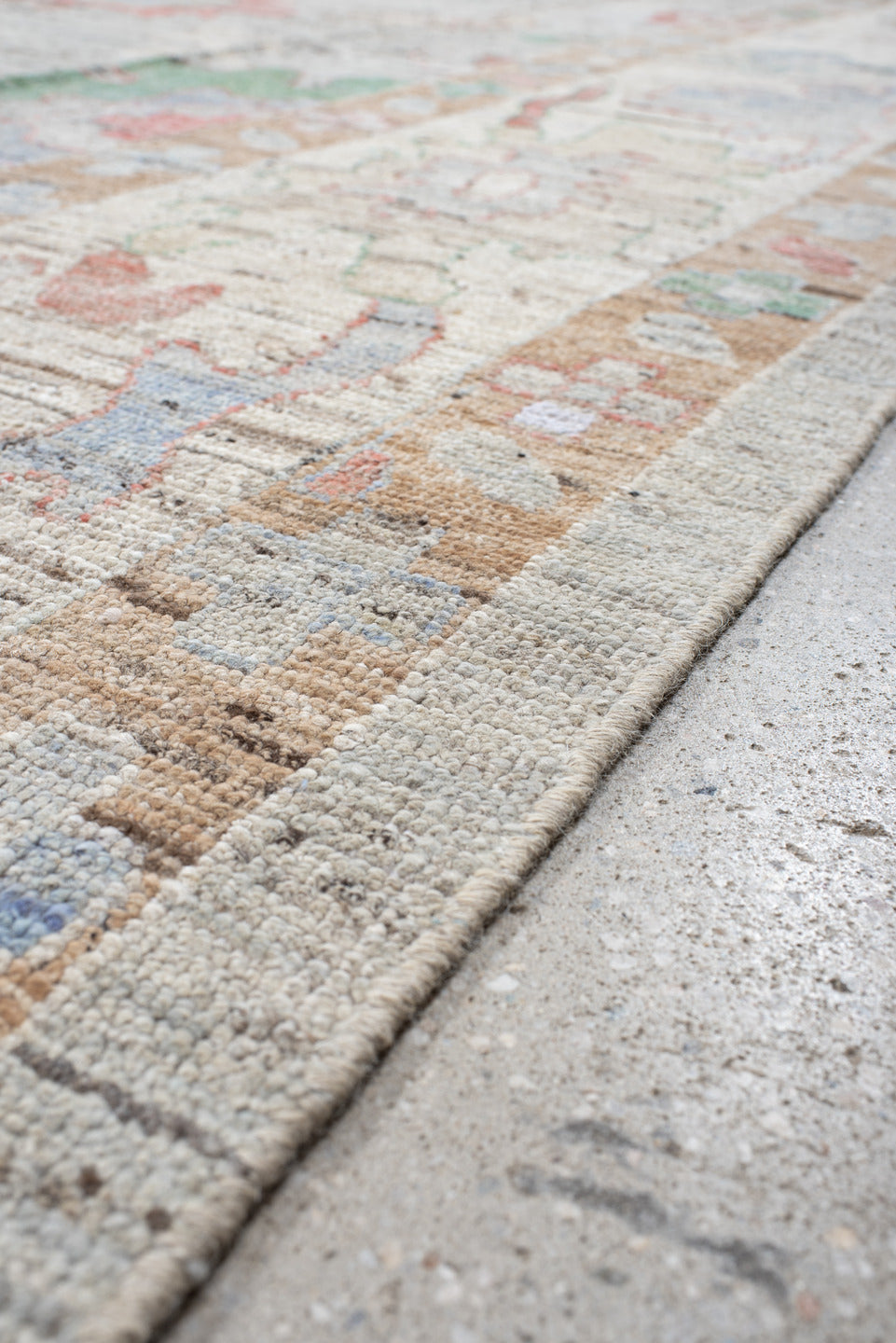 12' x 15' one-of-a-kind handmade vintage Oushak oversize rug. Color palette: light gray, ivory, blush, sage, muted blue