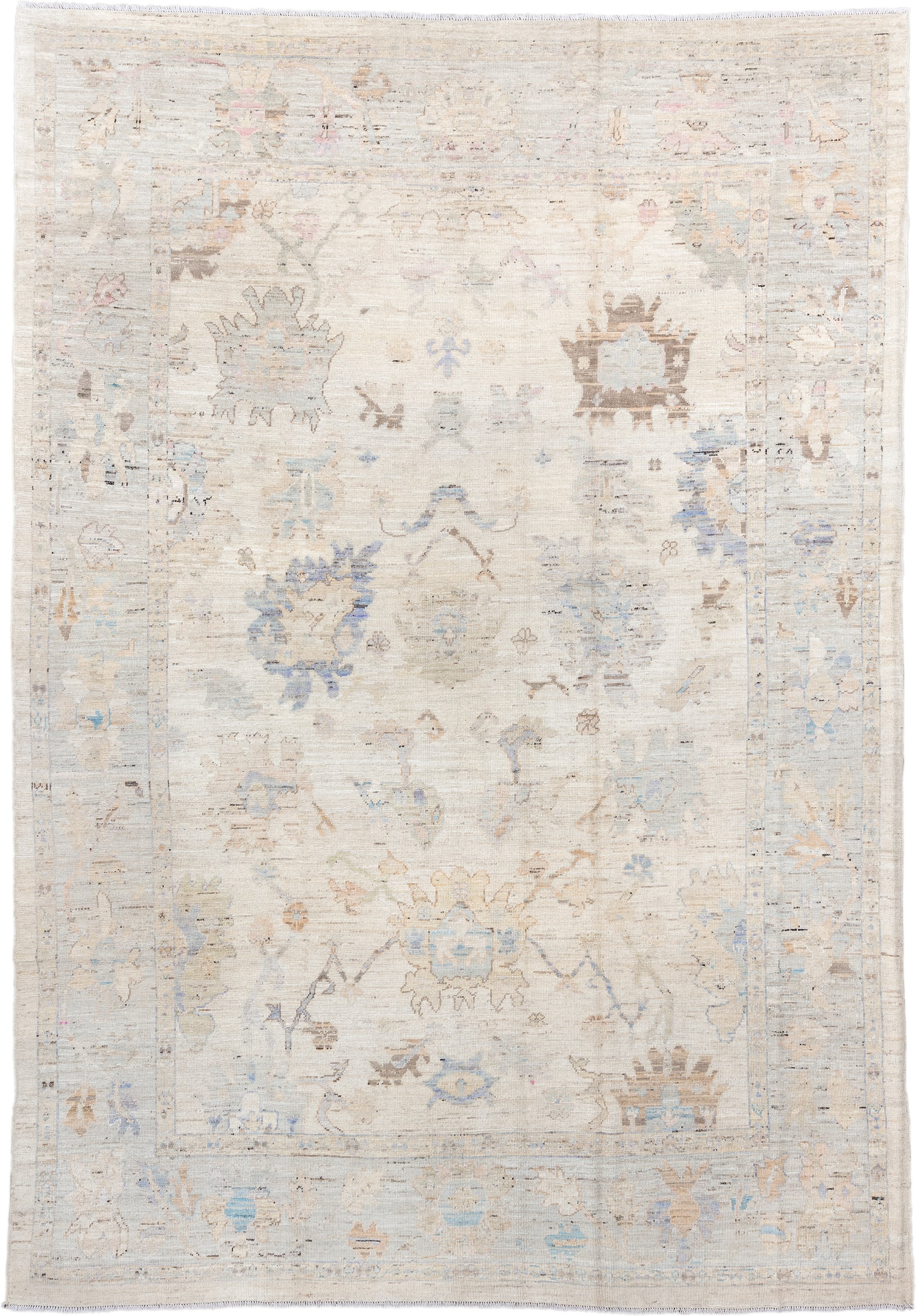 9' x 14' one-of-a-kind handmade vintage Oushak large size rug. Color palette: ivory, pale blue, taupe, beige, blush, camel