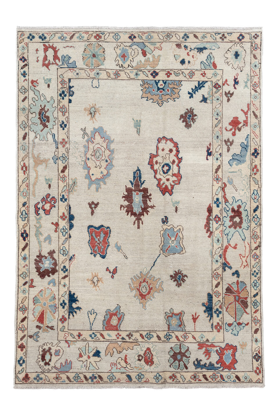 5' x 7' one-of-a-kind handmade vintage Oushak rug. Color palette: brown, gray, red, pink, blue, off-white, light gray, linen