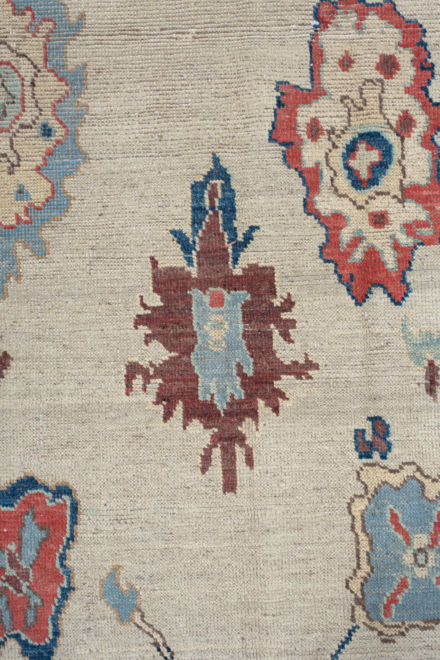 5' x 7' one-of-a-kind handmade vintage Oushak rug. Color palette: ivory, sky blue, rust, navy, taupe, brown, camel