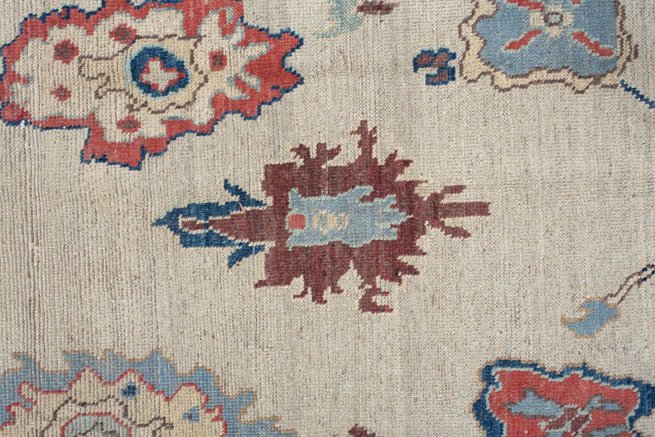 5' x 7' one-of-a-kind handmade vintage Oushak rug. Color palette: brown, gray, red, pink, blue, off-white, light gray, linen