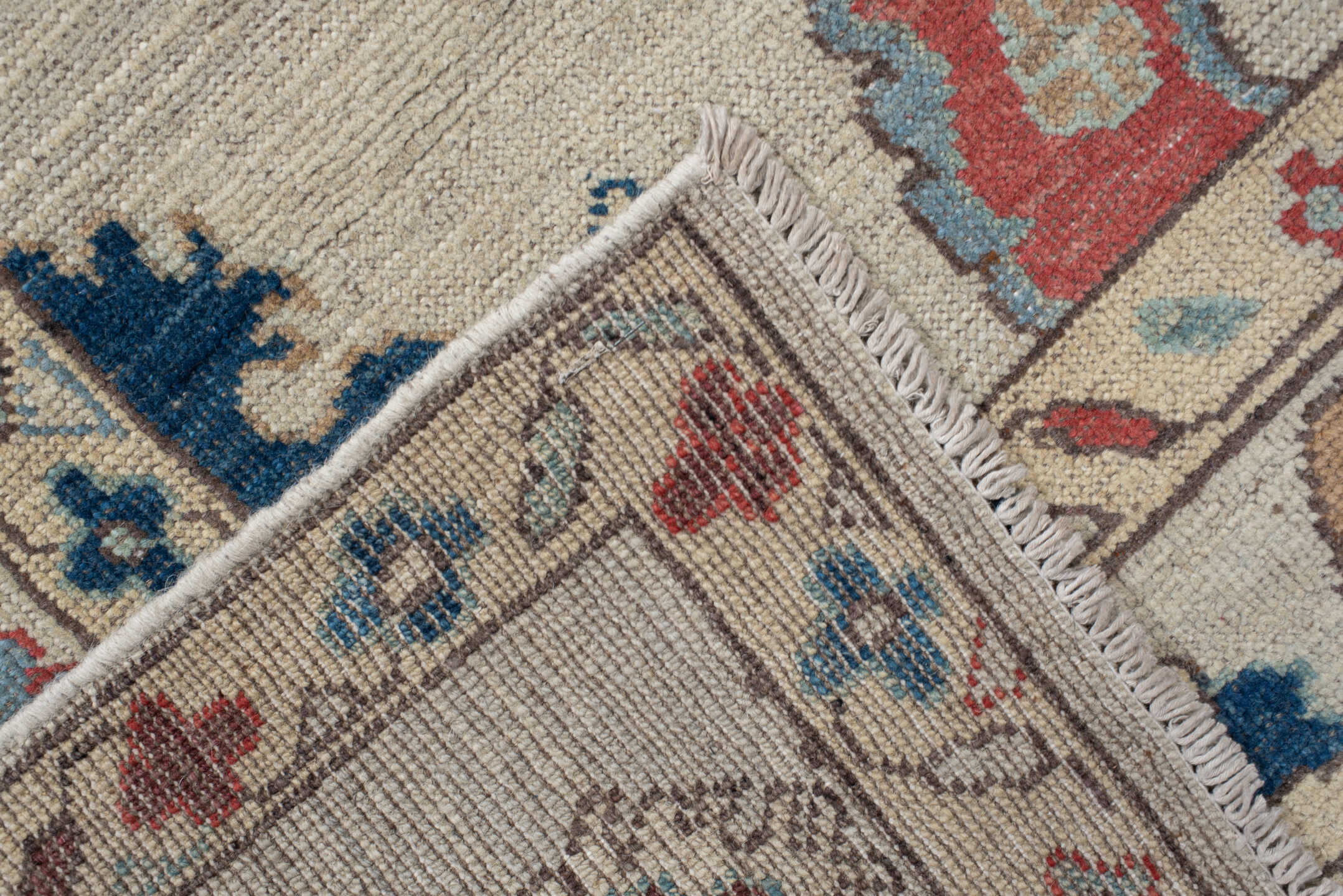 5' x 7' one-of-a-kind handmade vintage Oushak rug. Color palette: ivory, sky blue, rust, navy, taupe, brown, camel