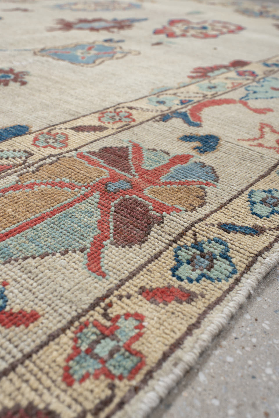 5' x 7' one-of-a-kind handmade vintage Oushak rug. Color palette: ivory, sky blue, rust, navy, taupe, brown, camel