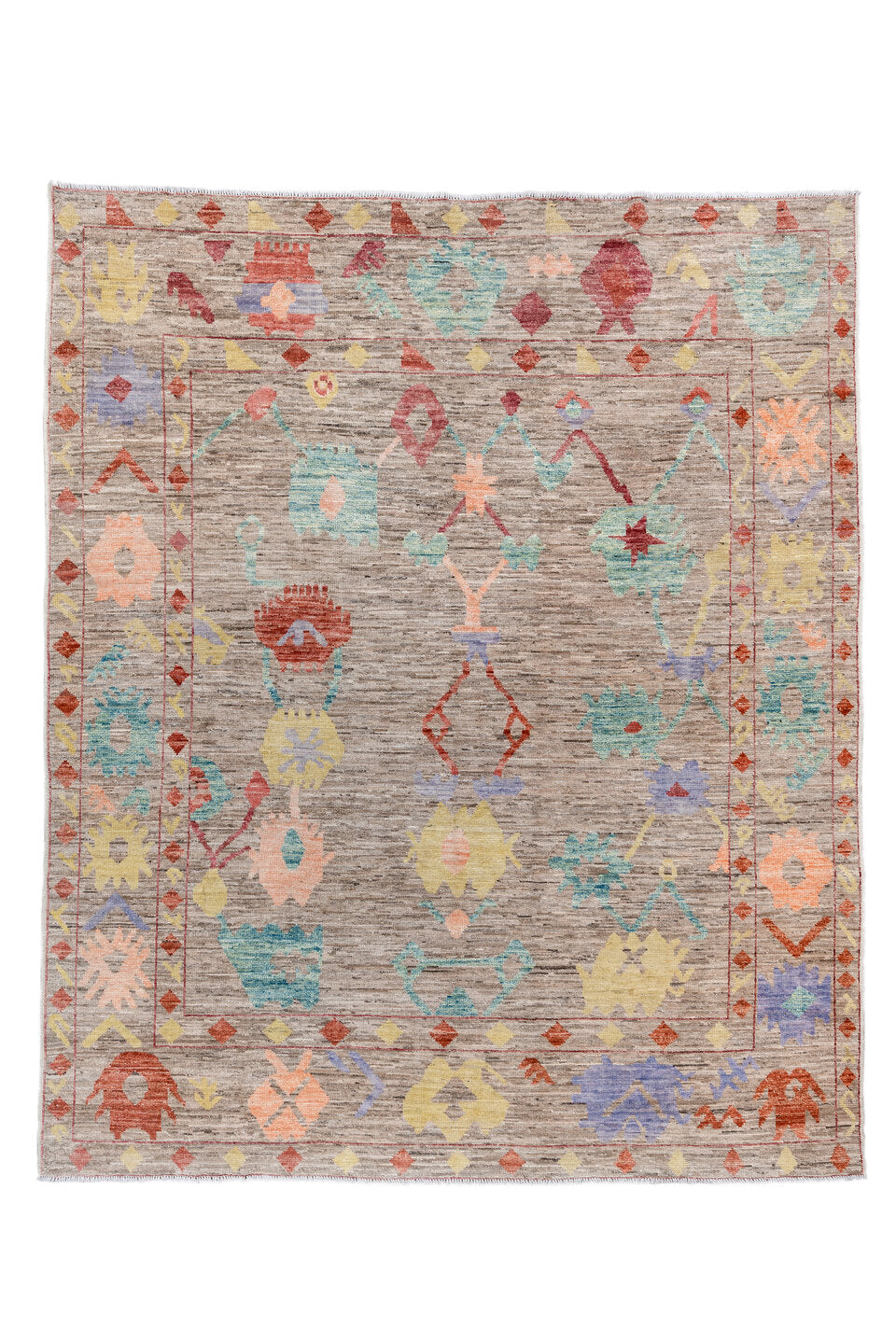 8' x 9' one-of-a-kind handmade vintage Oushak rug. Color palette: red, pink, light gray, off-white, gray, brown, orange