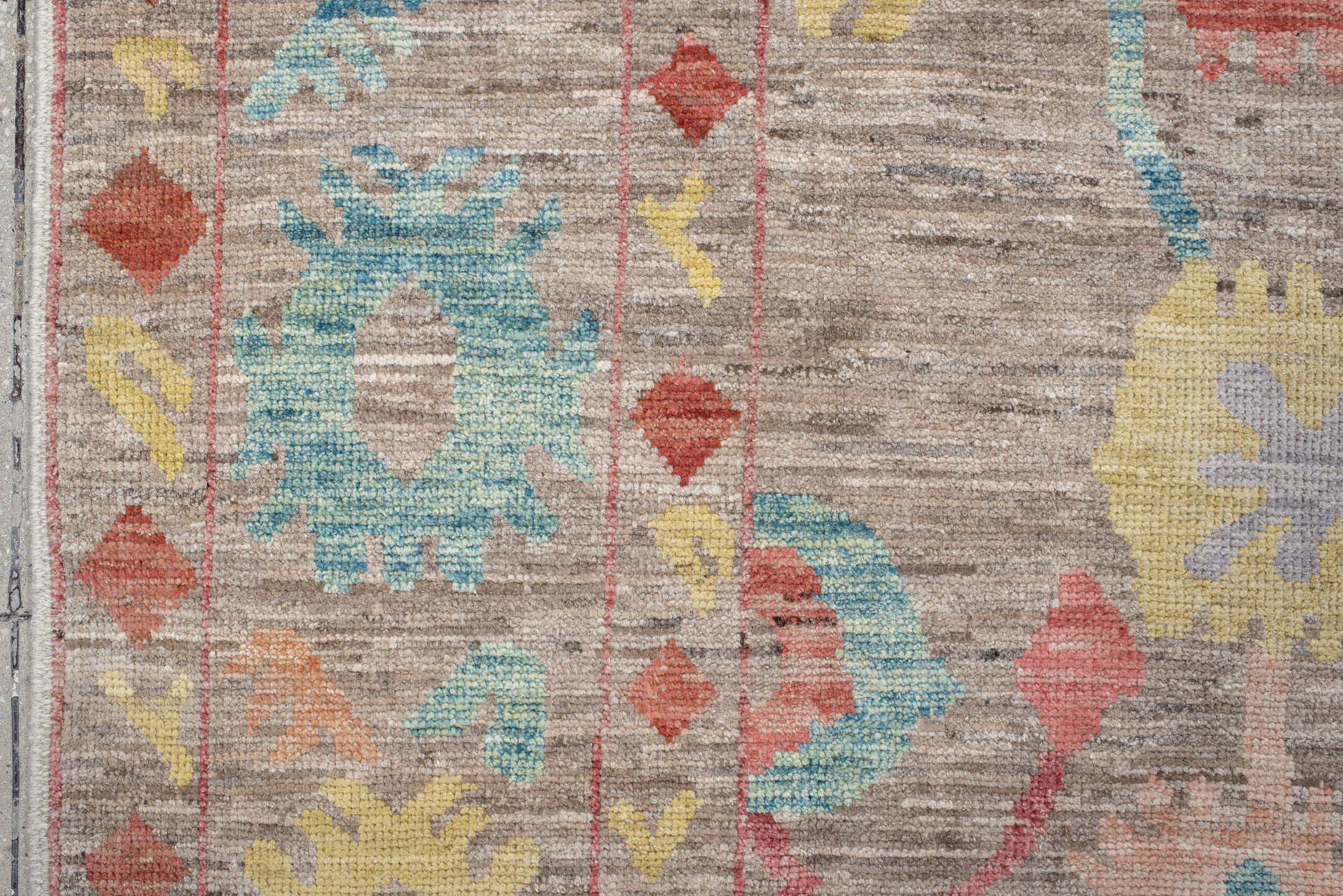 8' x 9' one-of-a-kind handmade vintage Oushak rug. Color palette: taupe, aqua, rust, pale yellow, peach, lavender, ivory