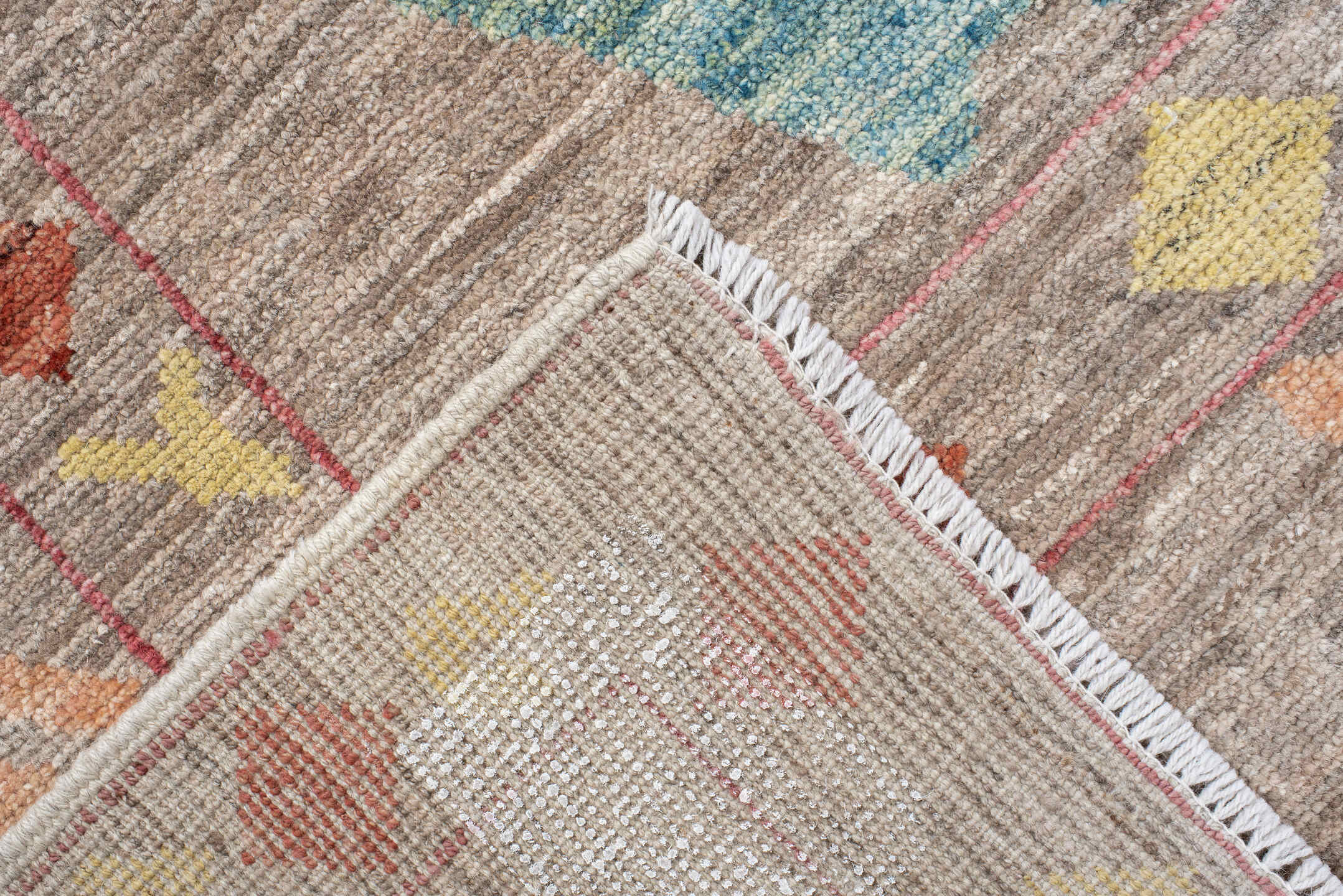 8' x 9' one-of-a-kind handmade vintage Oushak rug. Color palette: taupe, aqua, rust, pale yellow, peach, lavender, ivory