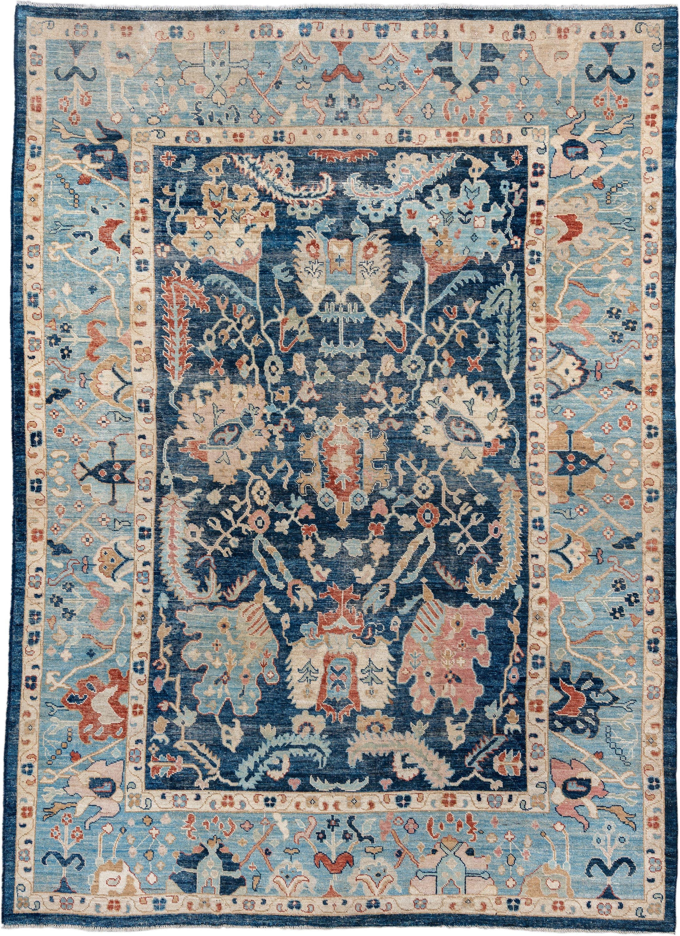 9' x 13' one-of-a-kind handmade vintage Oushak large size rug. Color palette: sky blue, navy, ivory, rust, cream, slate