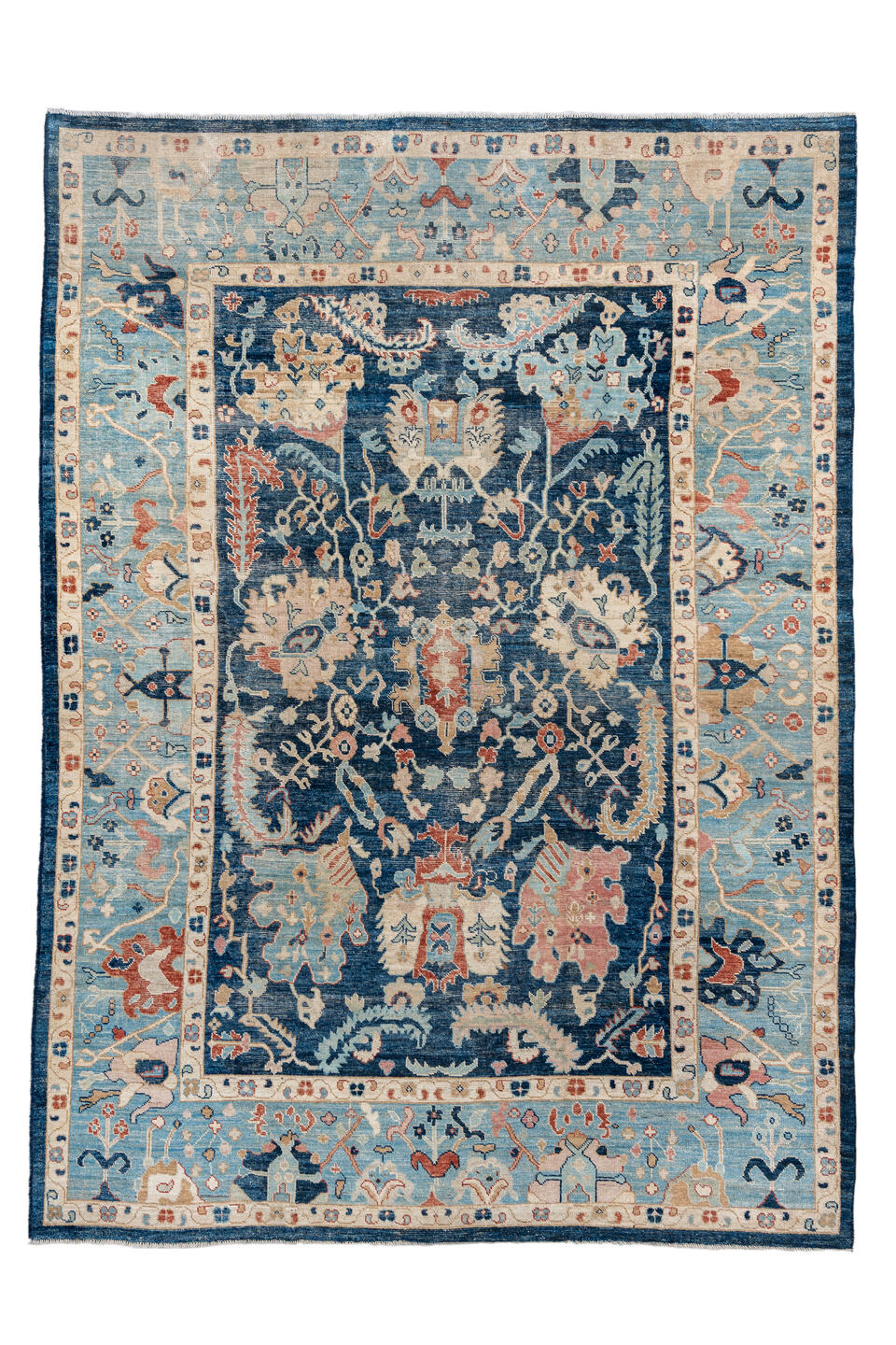 9' x 13' one-of-a-kind handmade vintage Oushak large size rug. Color palette: arapawa, blue, brown, gray, light blue