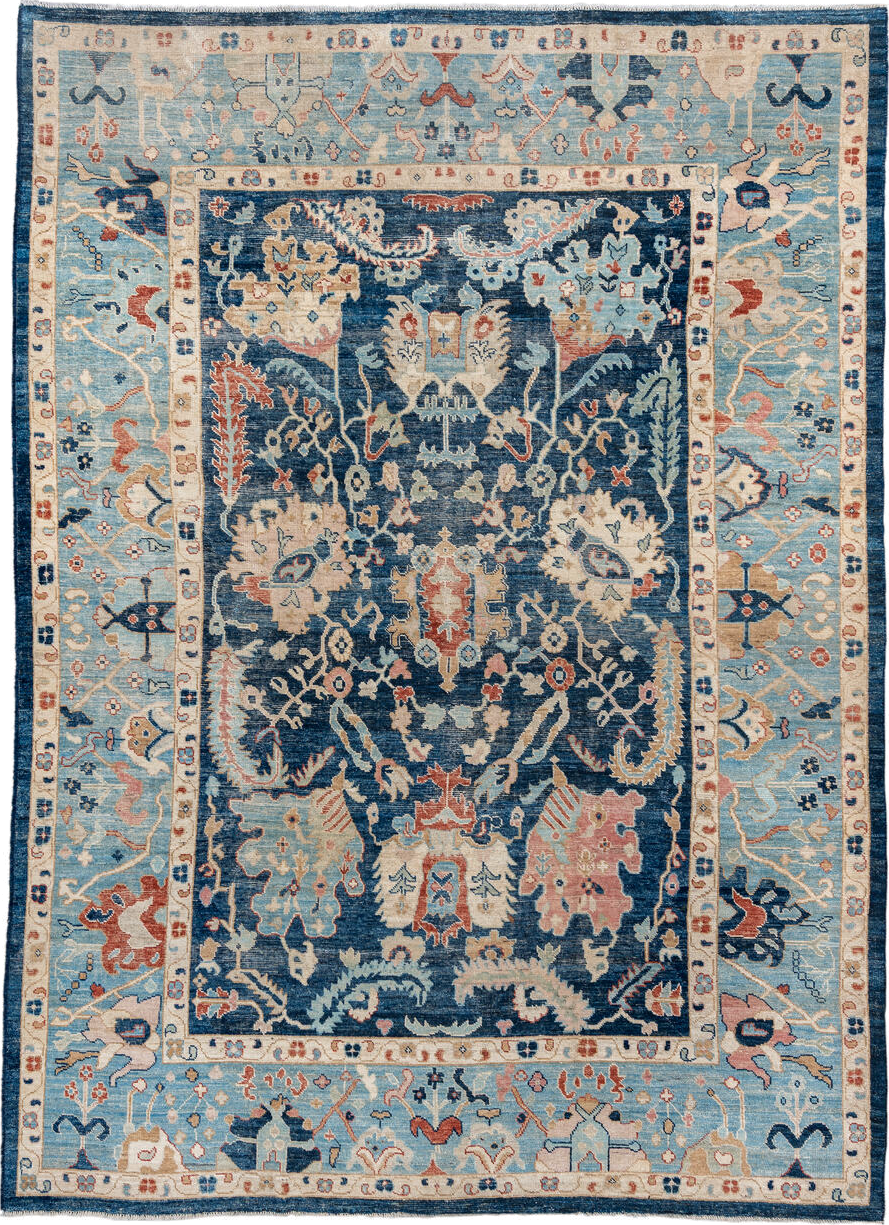9' x 13' one-of-a-kind handmade vintage Oushak large size rug. Color palette: arapawa, blue, brown, gray, light blue