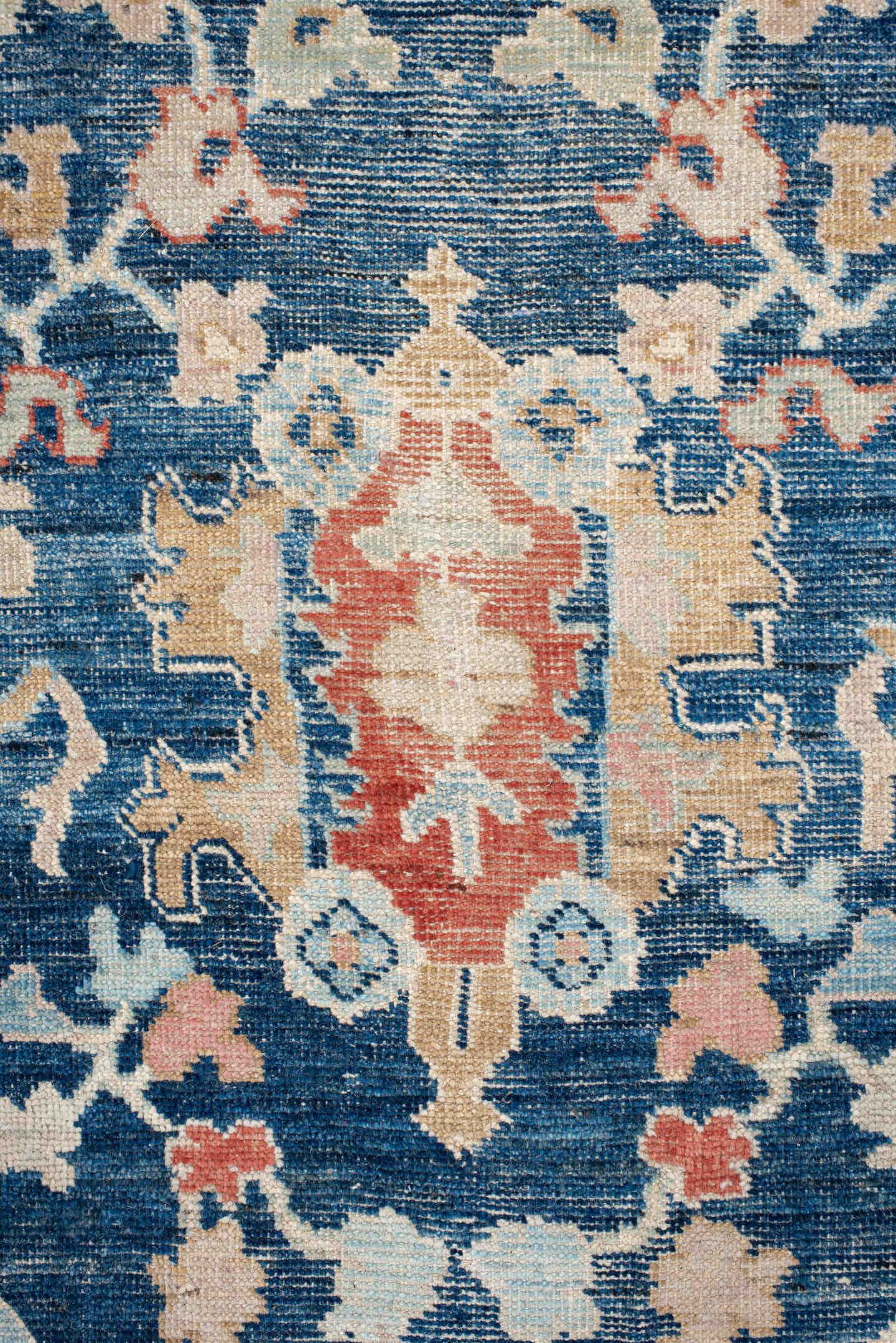 9' x 13' one-of-a-kind handmade vintage Oushak large size rug. Color palette: sky blue, navy, ivory, rust, cream, slate