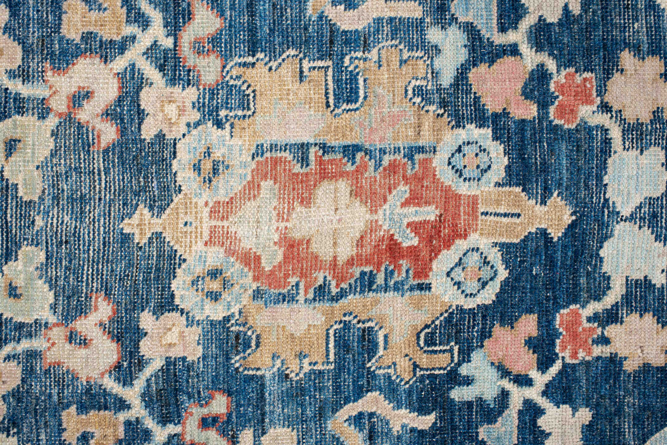 9' x 13' one-of-a-kind handmade vintage Oushak large size rug. Color palette: arapawa, blue, brown, gray, light blue