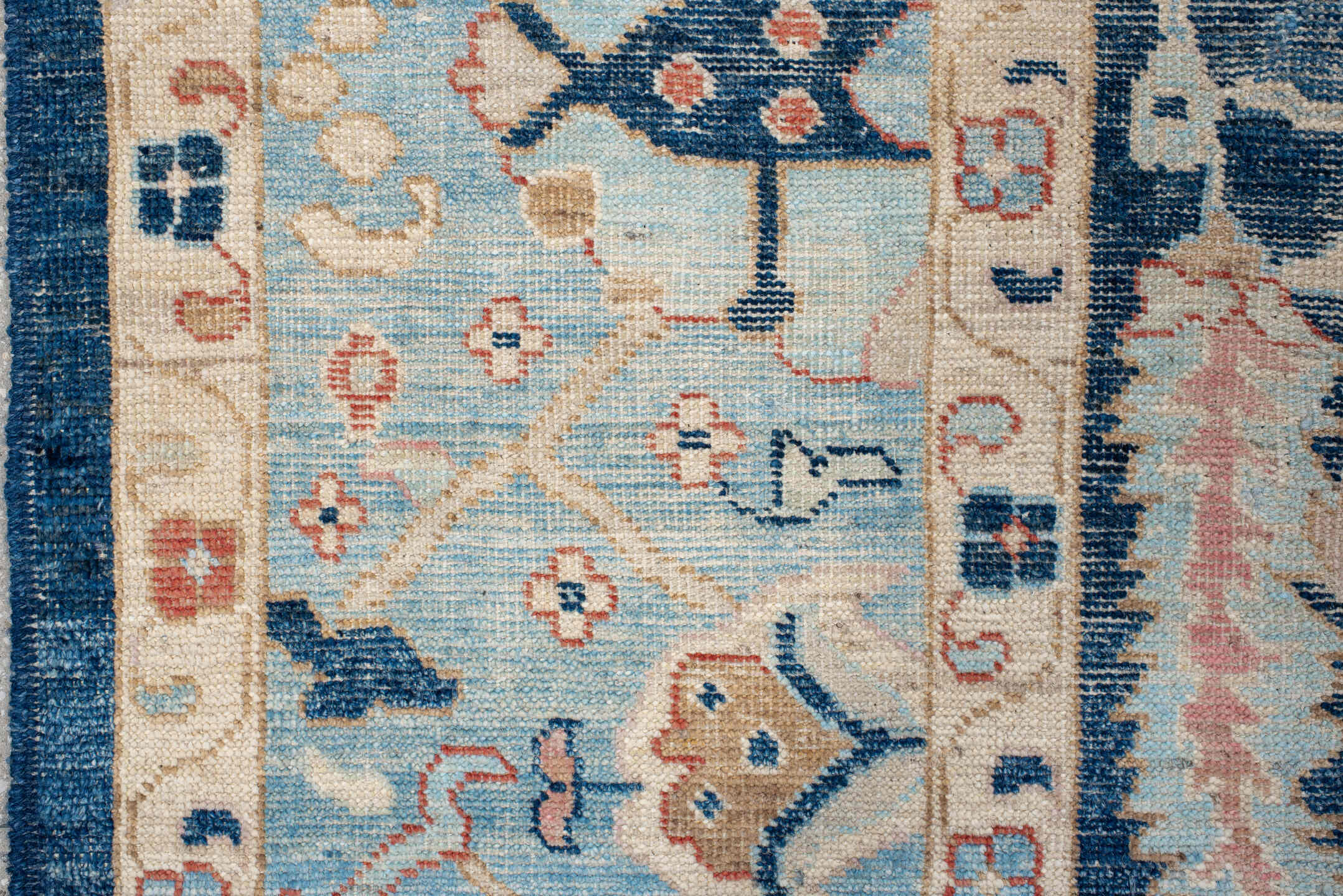 9' x 13' one-of-a-kind handmade vintage Oushak large size rug. Color palette: sky blue, navy, ivory, rust, cream, slate
