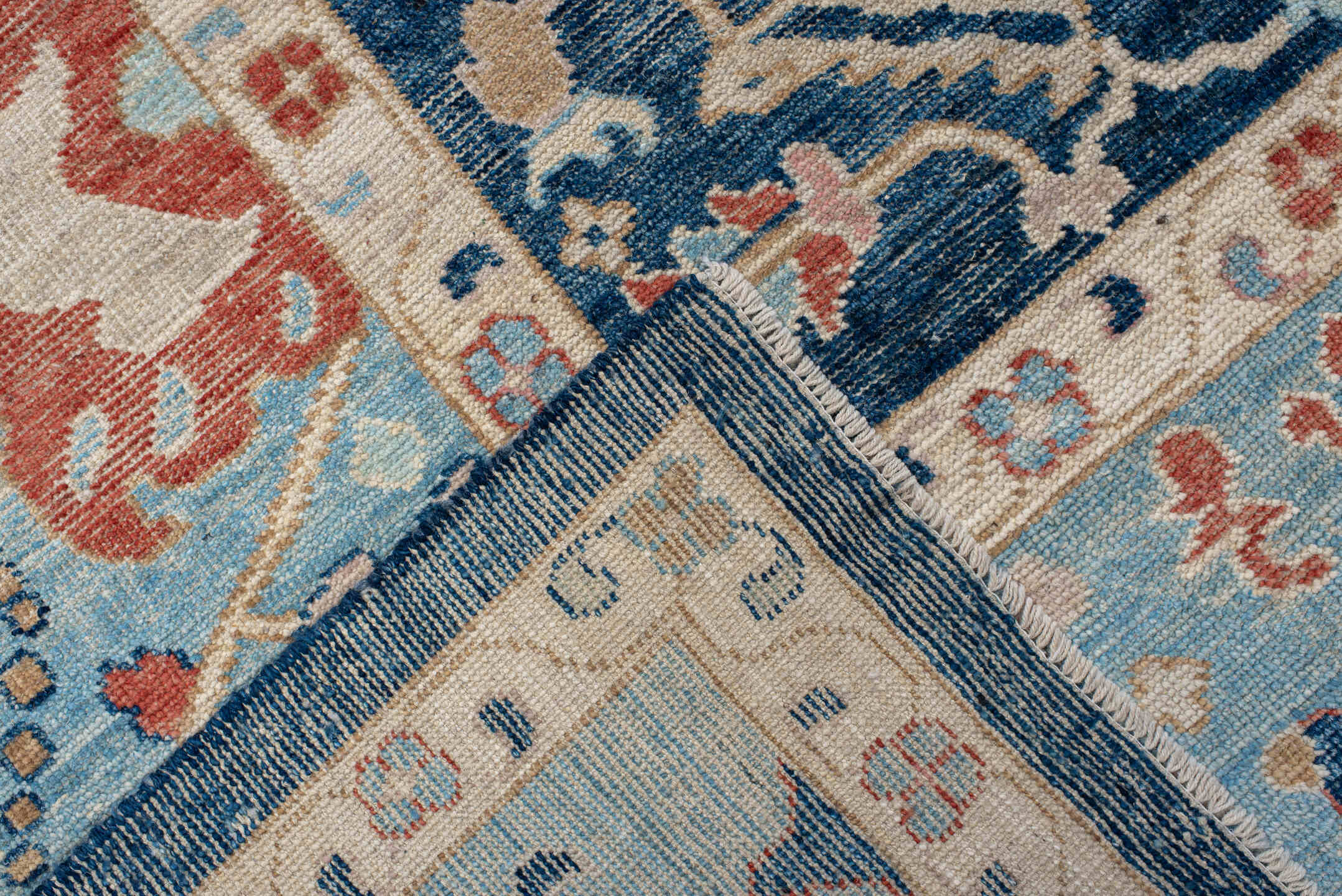 9' x 13' one-of-a-kind handmade vintage Oushak large size rug. Color palette: sky blue, navy, ivory, rust, cream, slate
