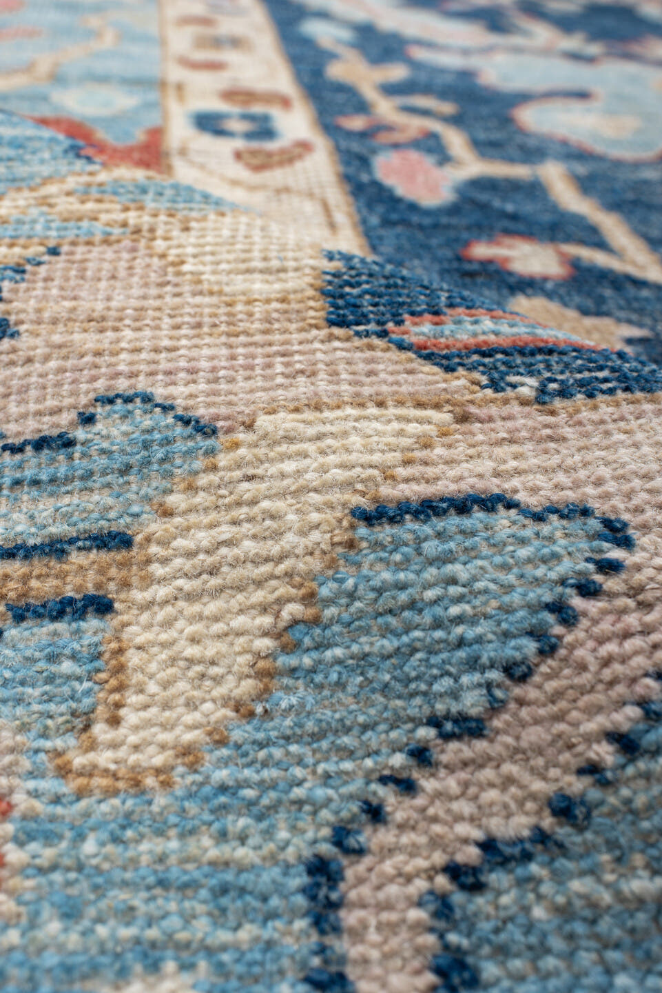 9' x 13' one-of-a-kind handmade vintage Oushak large size rug. Color palette: sky blue, navy, ivory, rust, cream, slate