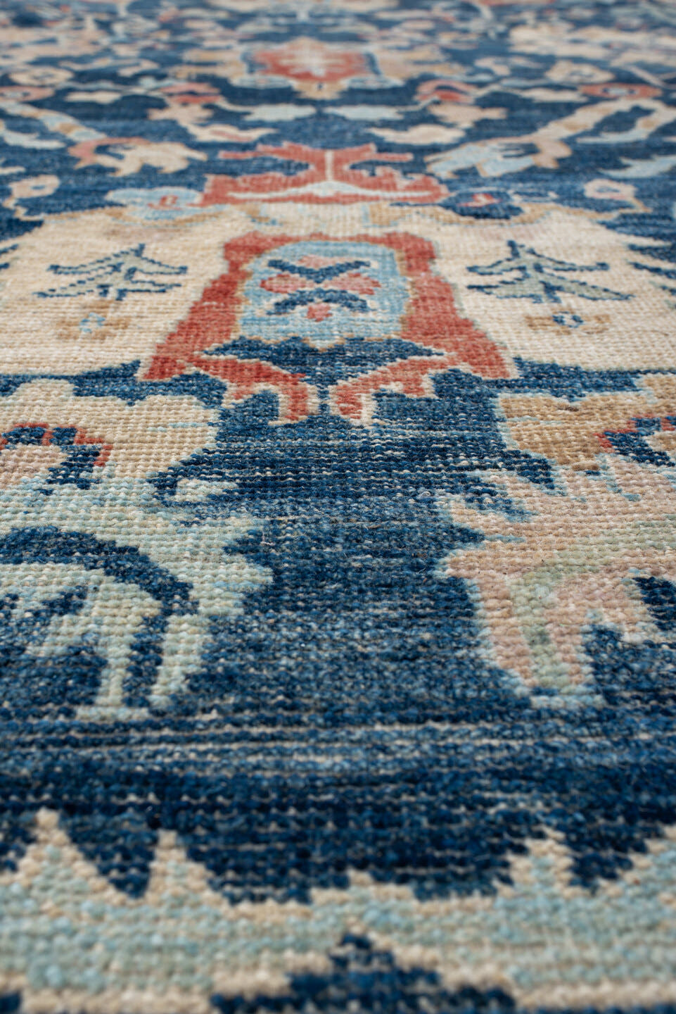9' x 13' one-of-a-kind handmade vintage Oushak large size rug. Color palette: sky blue, navy, ivory, rust, cream, slate