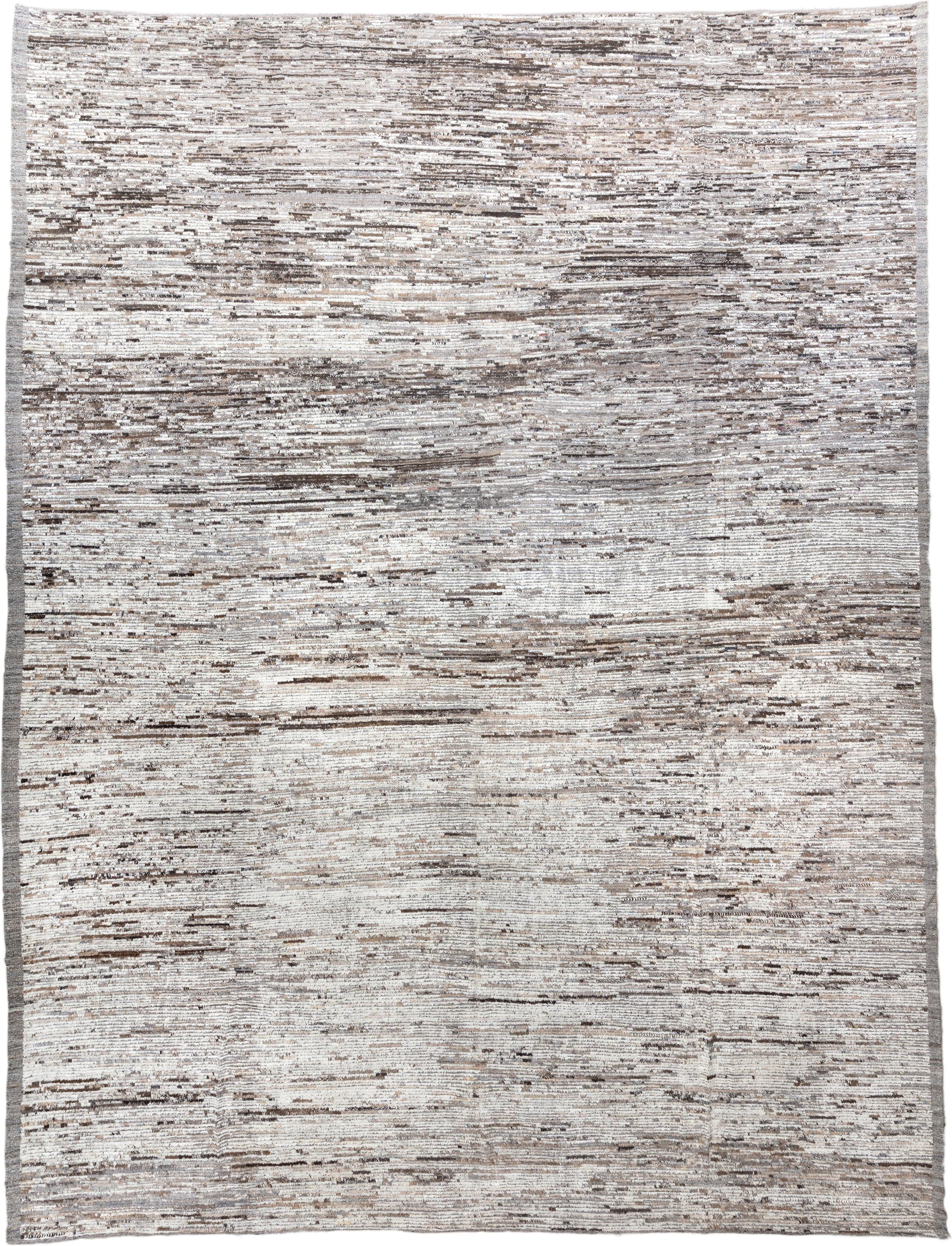 14' x 19' one-of-a-kind handmade vintage Tulu oversize rug. Color palette: ivory, taupe, brown, beige, gray