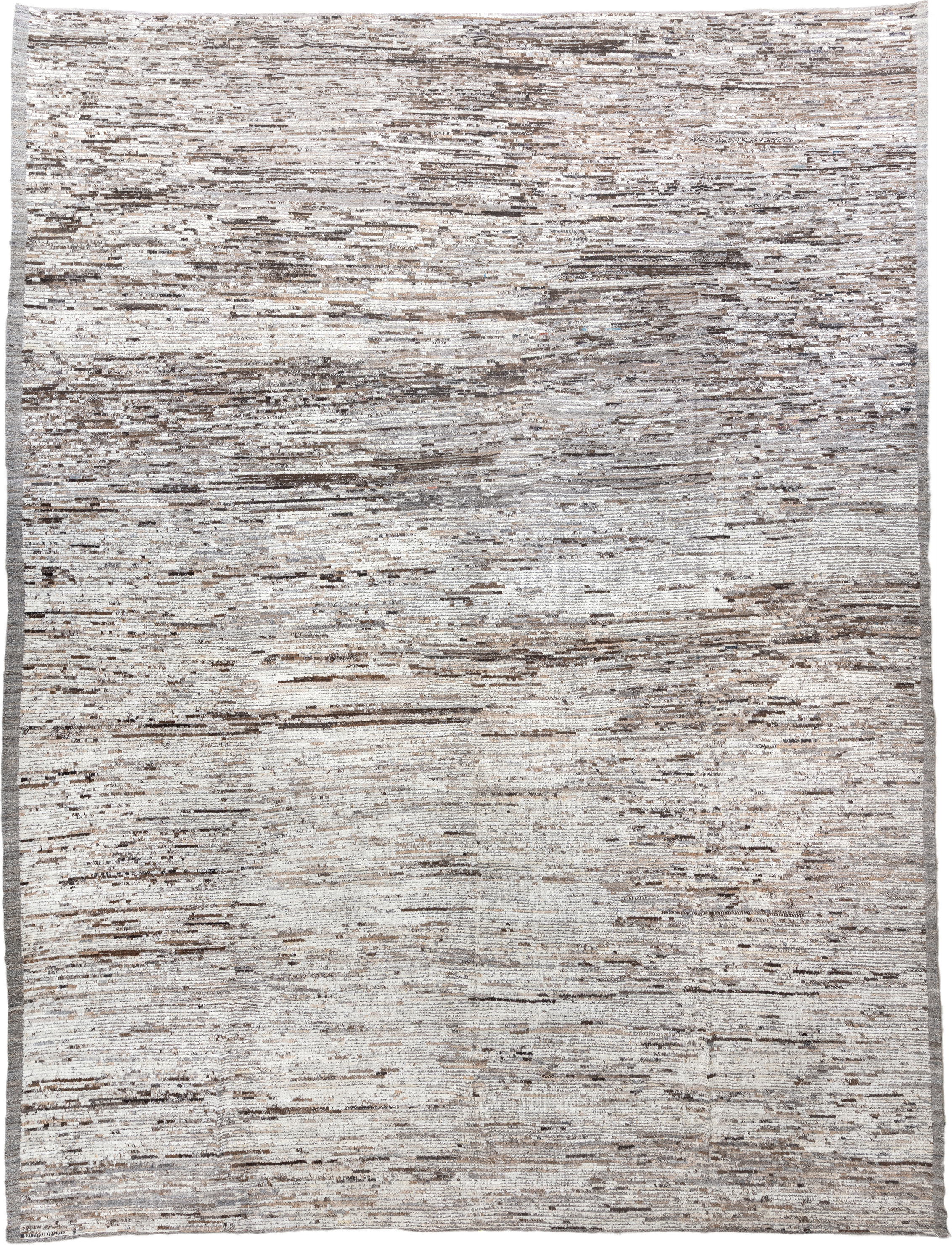 14' x 19' one-of-a-kind handmade vintage Tulu oversize rug. Color palette: ivory, taupe, brown, beige, gray