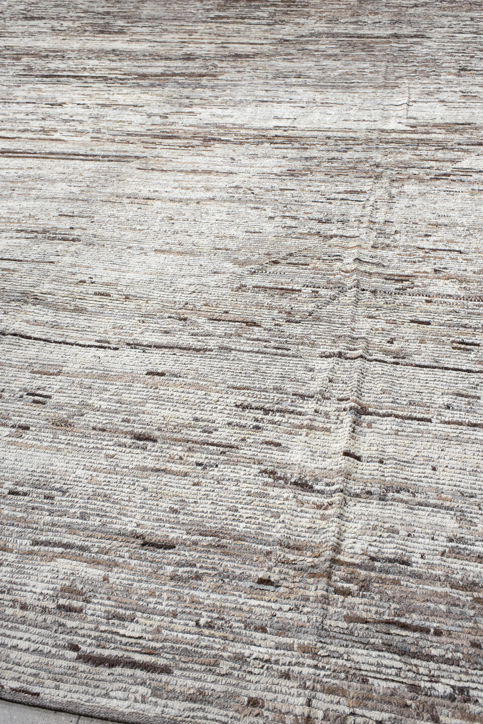 14' x 19' one-of-a-kind handmade vintage Tulu oversize rug. Color palette: ivory, taupe, brown, beige, gray