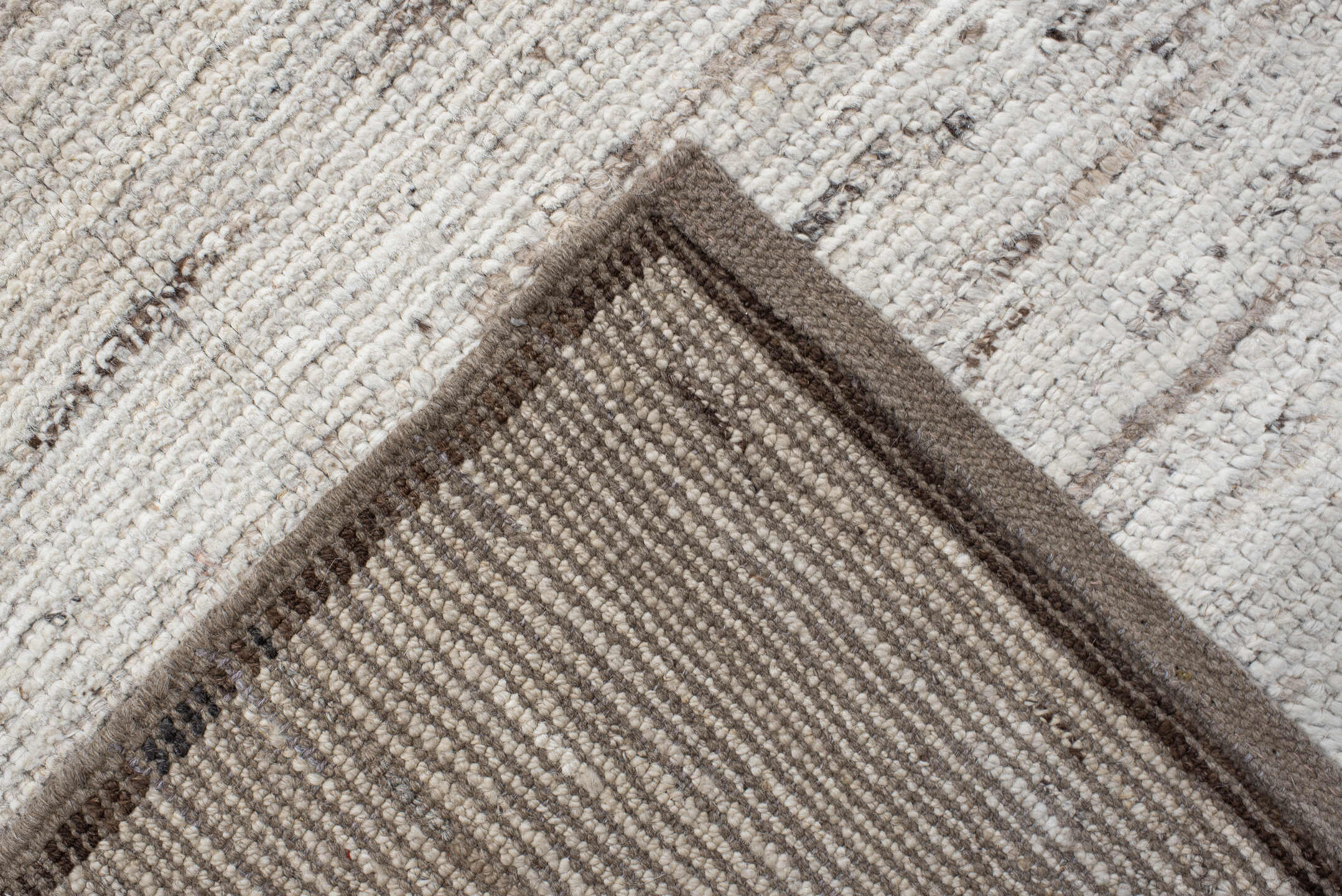 10' x 14' one-of-a-kind handmade vintage Tulu large size rug. Color palette: ivory, brown, taupe, charcoal, beige, gray