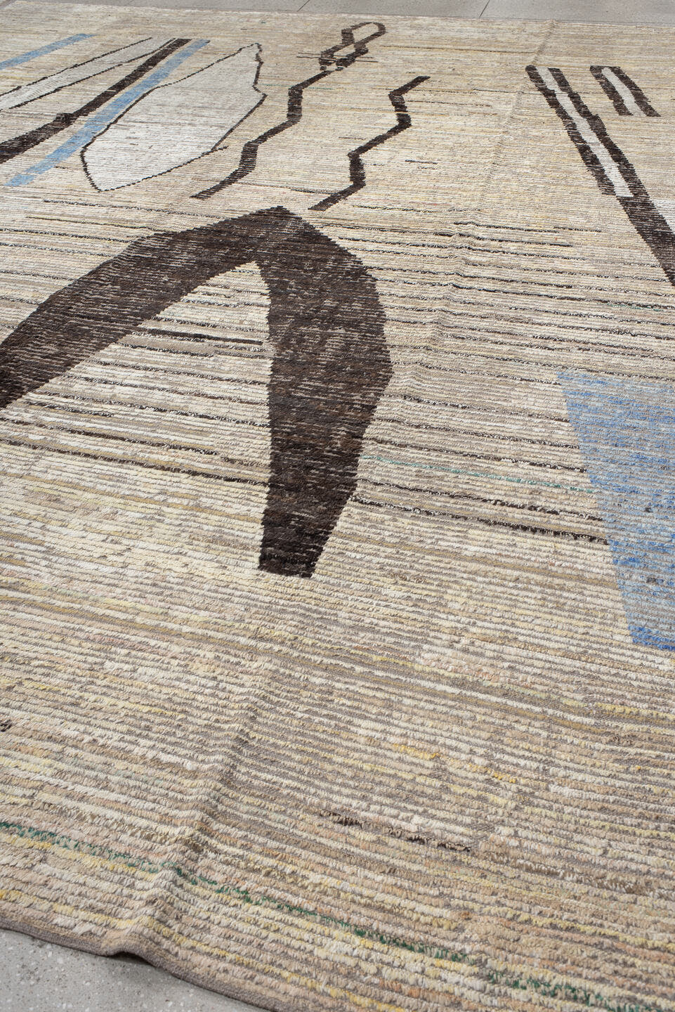 12' x 15' one-of-a-kind handmade vintage Tulu oversize rug. Color palette: ivory, taupe, charcoal, sky_blue, gray, beige