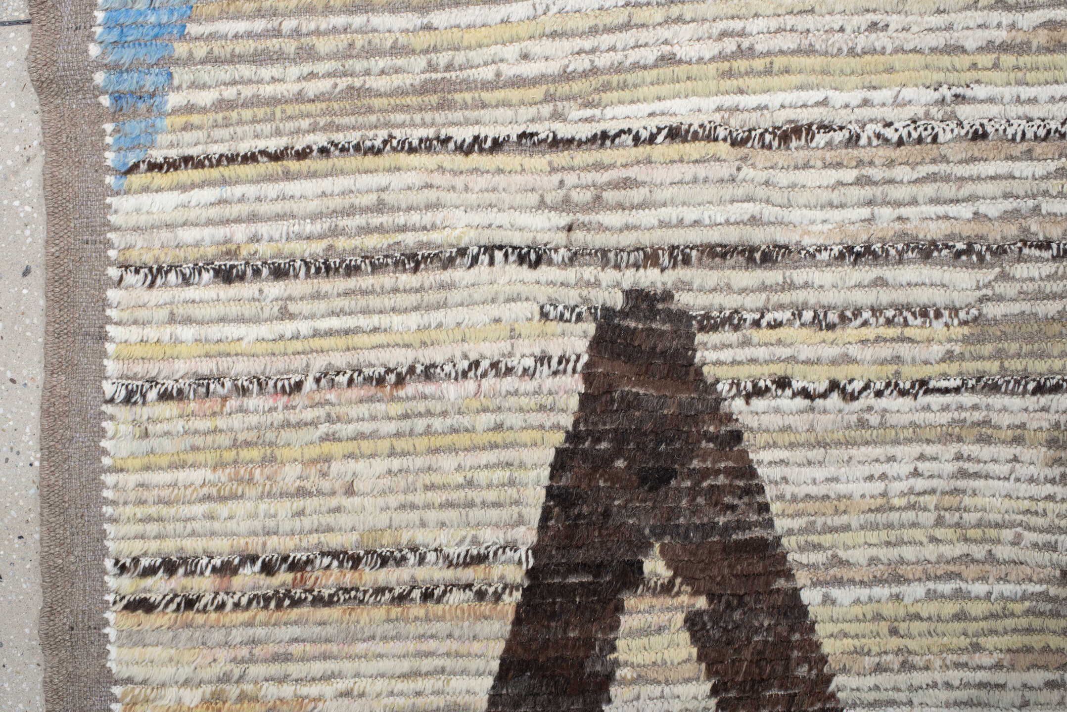 12' x 15' one-of-a-kind handmade vintage Tulu oversize rug. Color palette: blue, brown, floral white, gray, light blue