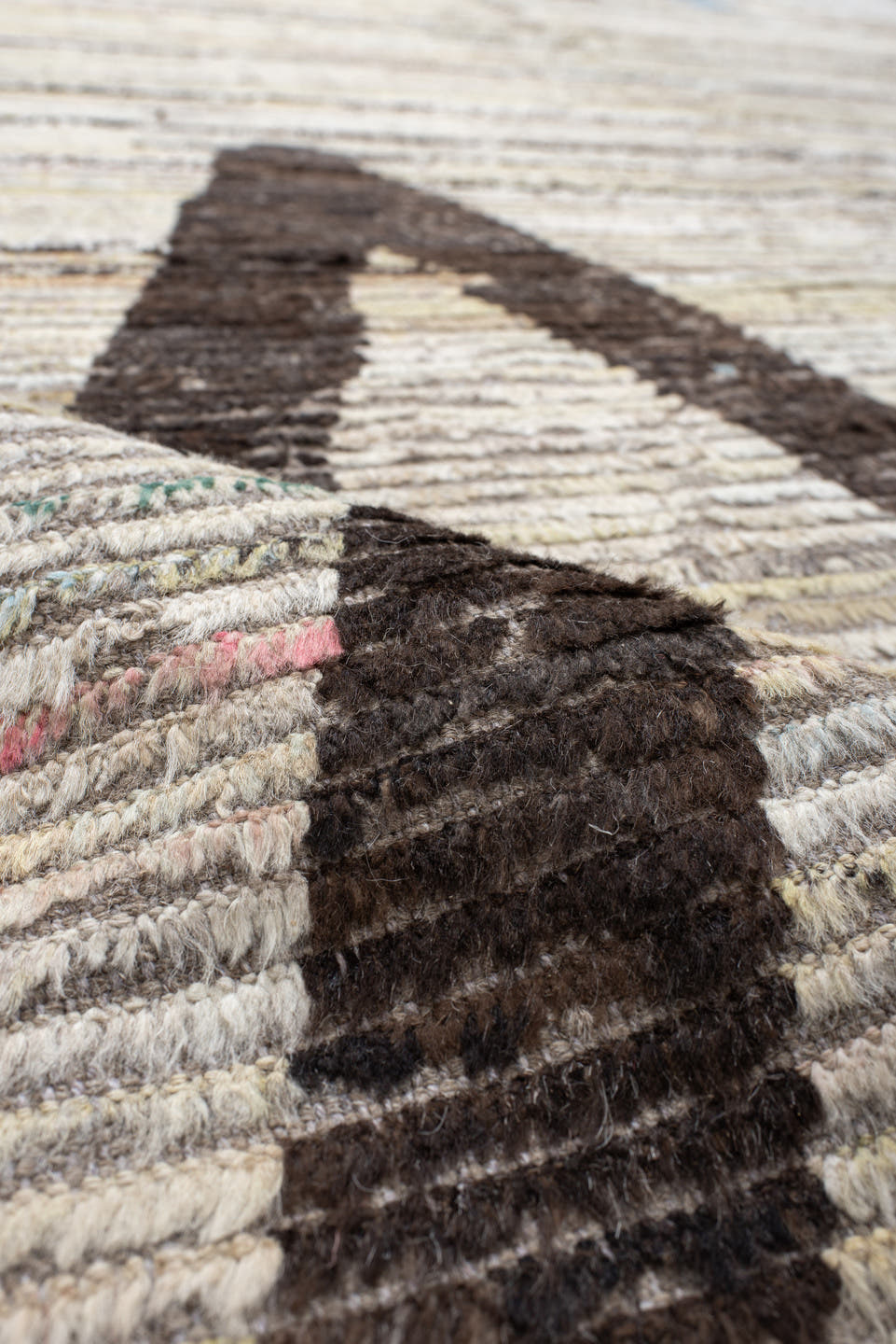 12' x 15' one-of-a-kind handmade vintage Tulu oversize rug. Color palette: ivory, taupe, charcoal, sky_blue, gray, beige