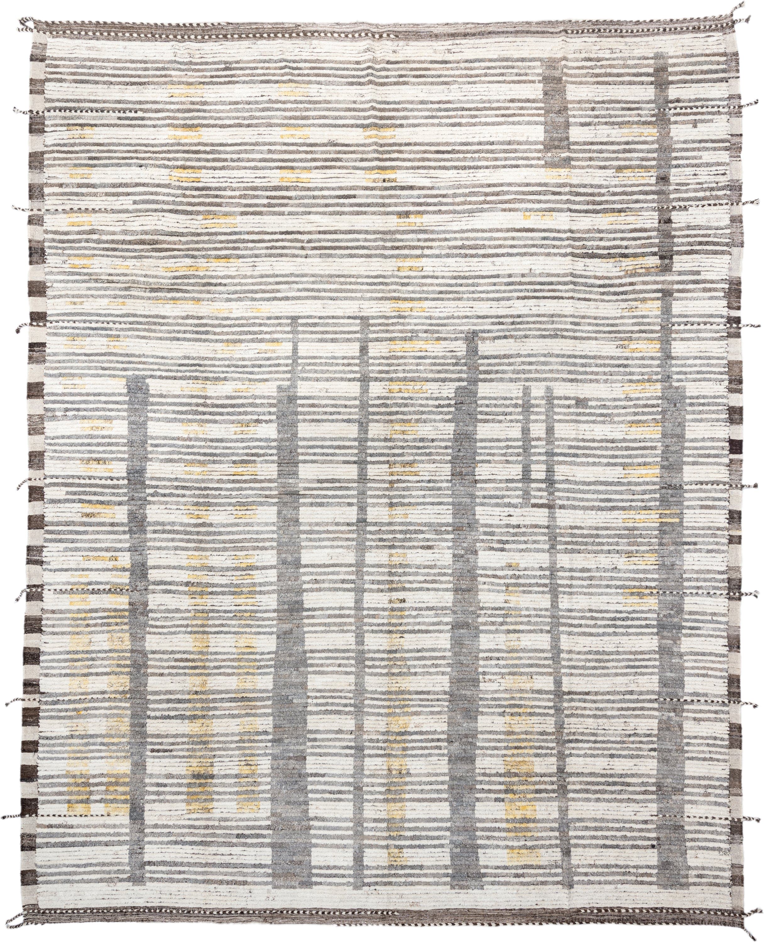 12' x 15' one-of-a-kind handmade vintage Tulu oversize rug. Color palette: ivory, gray, charcoal, gold, taupe, black, beige
