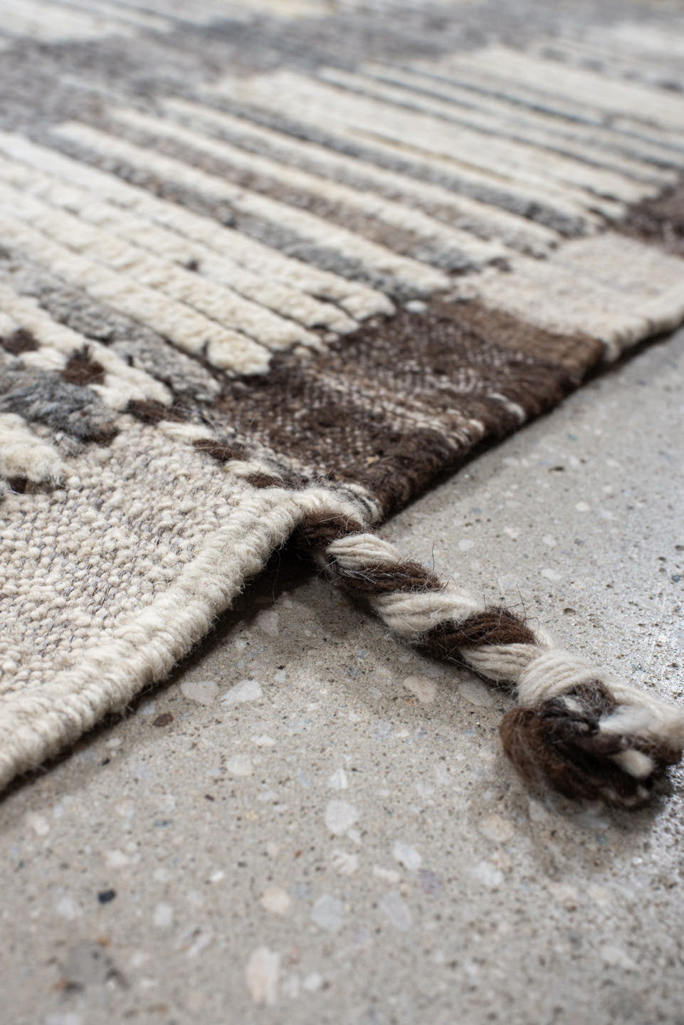 12' x 15' one-of-a-kind handmade vintage Tulu oversize rug. Color palette: ivory, gray, charcoal, gold, taupe, black, beige