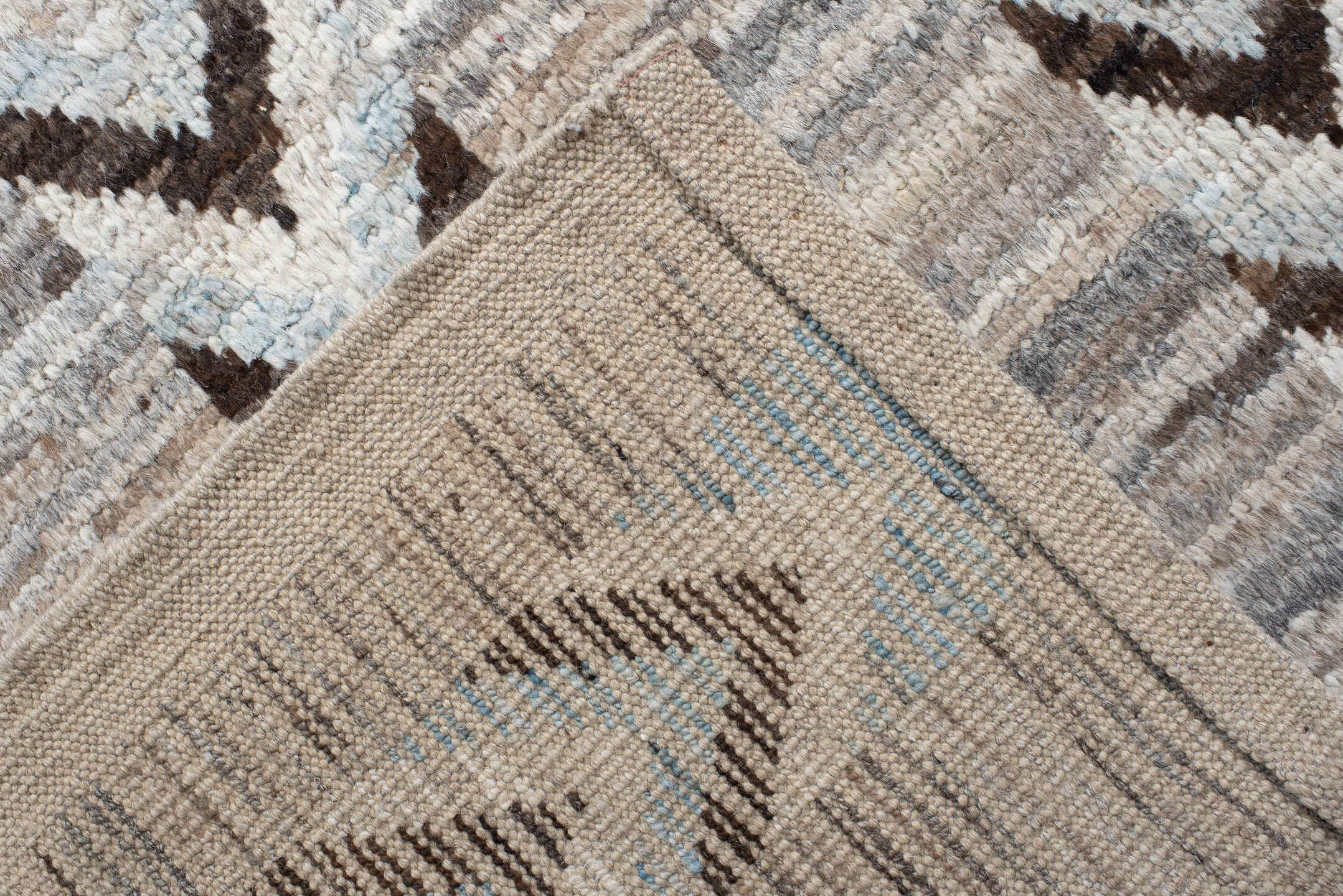 12' x 15' one-of-a-kind handmade vintage Tulu oversize rug. Color palette: ivory, taupe, brown, gray, charcoal, beige, black