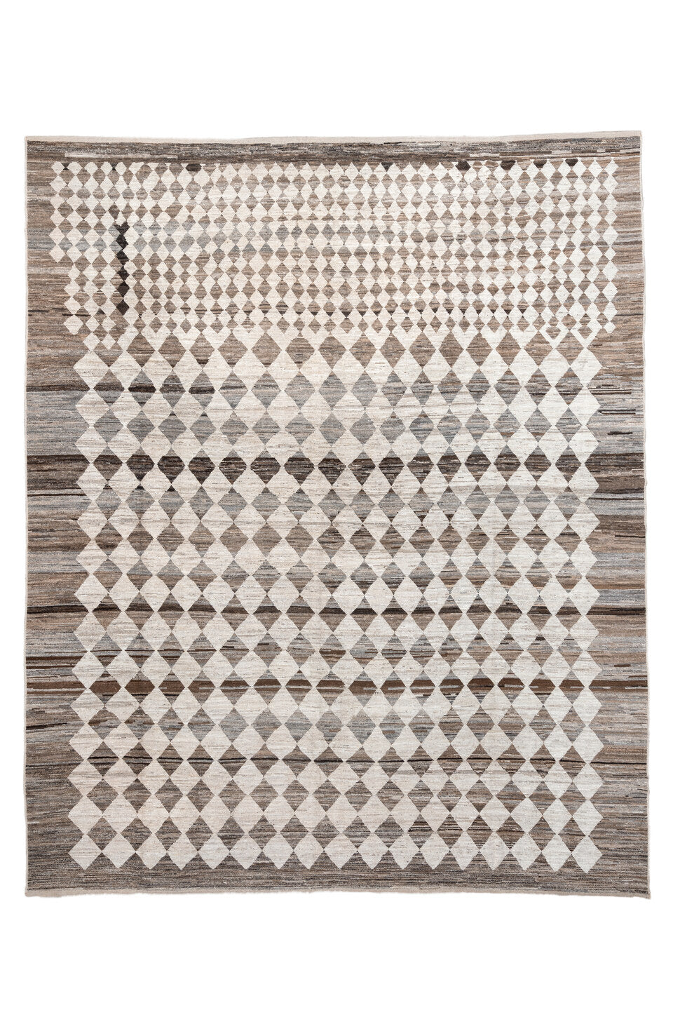 12' x 15' one-of-a-kind handmade vintage Tulu oversize rug. Color palette: black, brown, dark gray, gainsboro, gray
