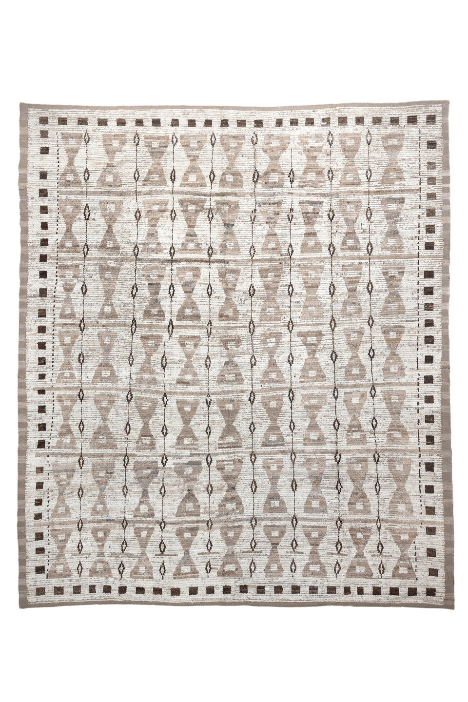 12' x 14' one-of-a-kind handmade vintage Tulu oversize rug. Color palette: dark gray, floral white, gray, light gray, linen