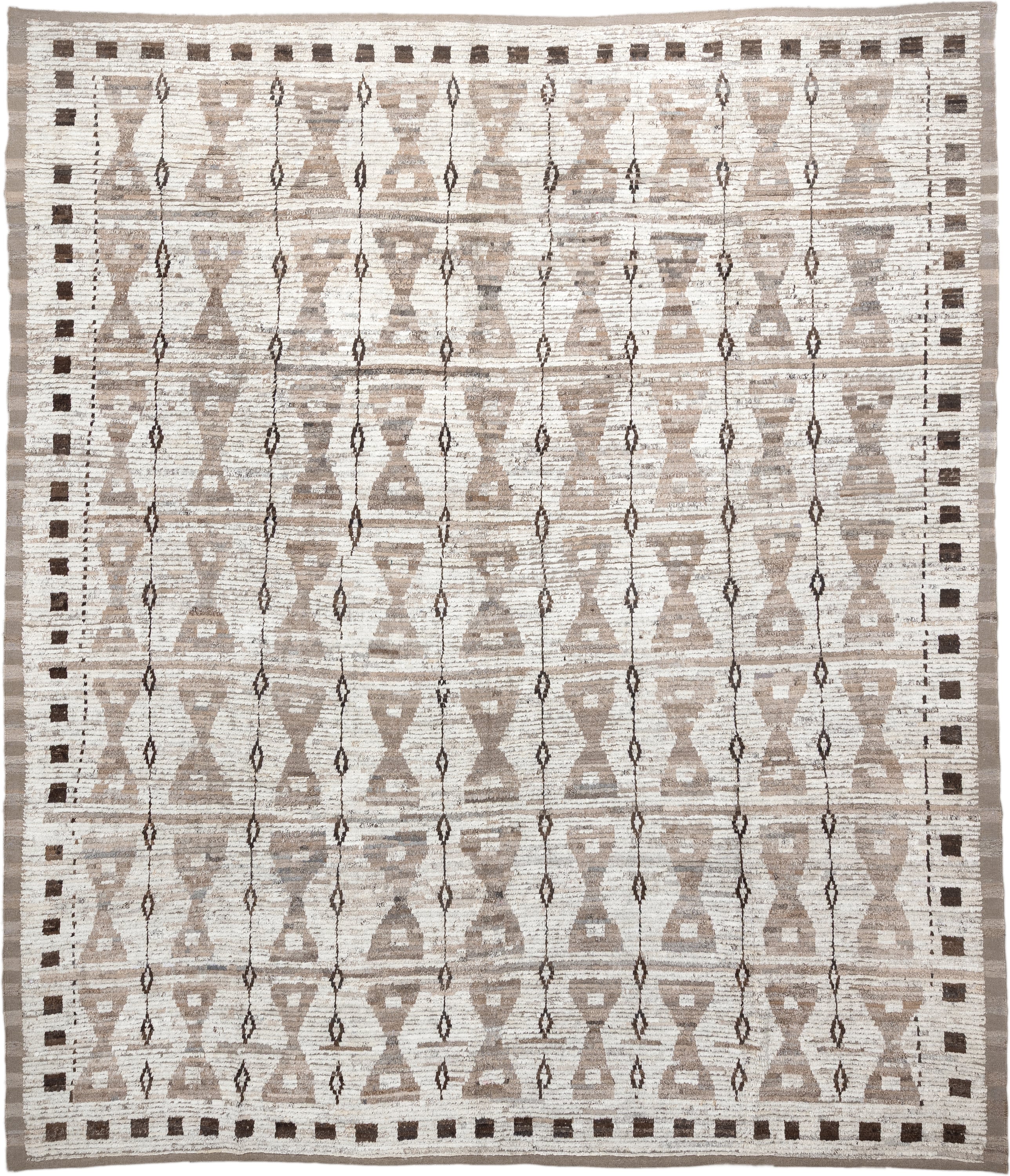 12' x 14' one-of-a-kind handmade vintage Tulu oversize rug. Color palette: ivory, taupe, brown, charcoal, beige, gray, black