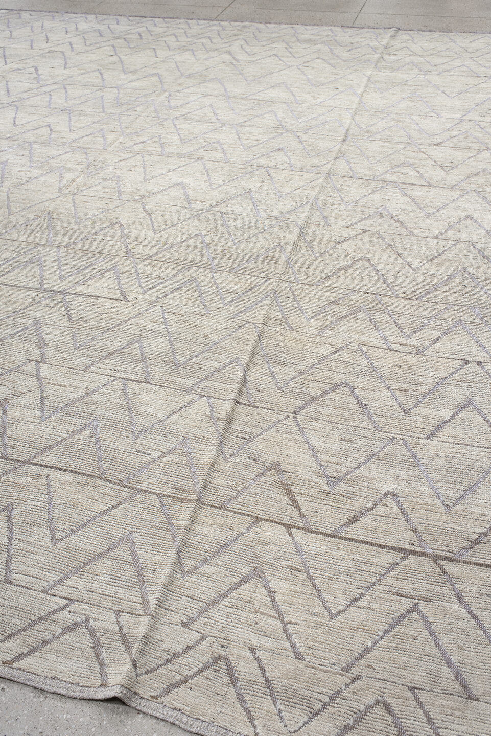 13' x 14' one-of-a-kind handmade vintage Tulu oversize rug. Color palette: ivory, taupe, gray, greige, beige