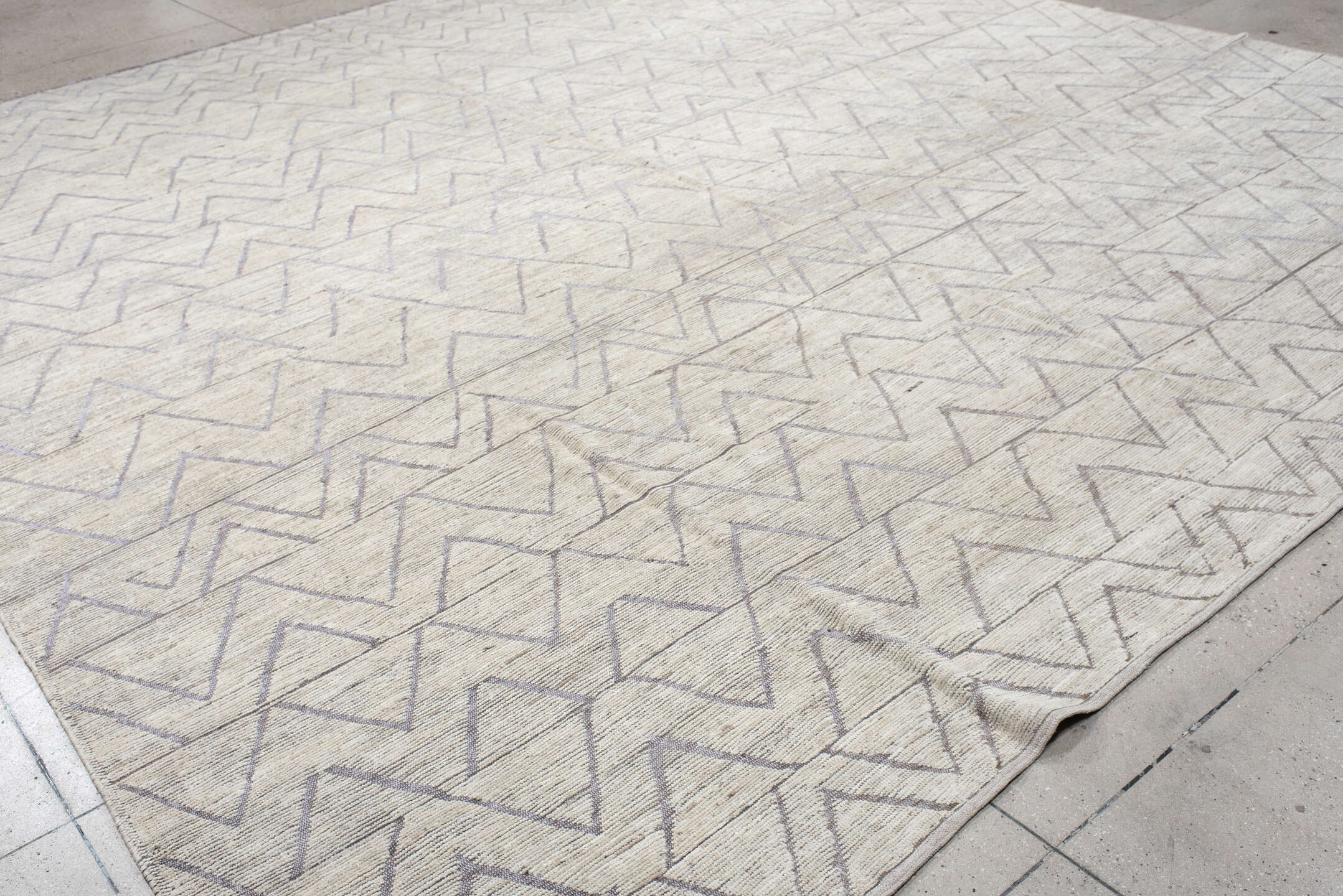 13' x 14' one-of-a-kind handmade vintage Tulu oversize rug. Color palette: ivory, taupe, gray, greige, beige