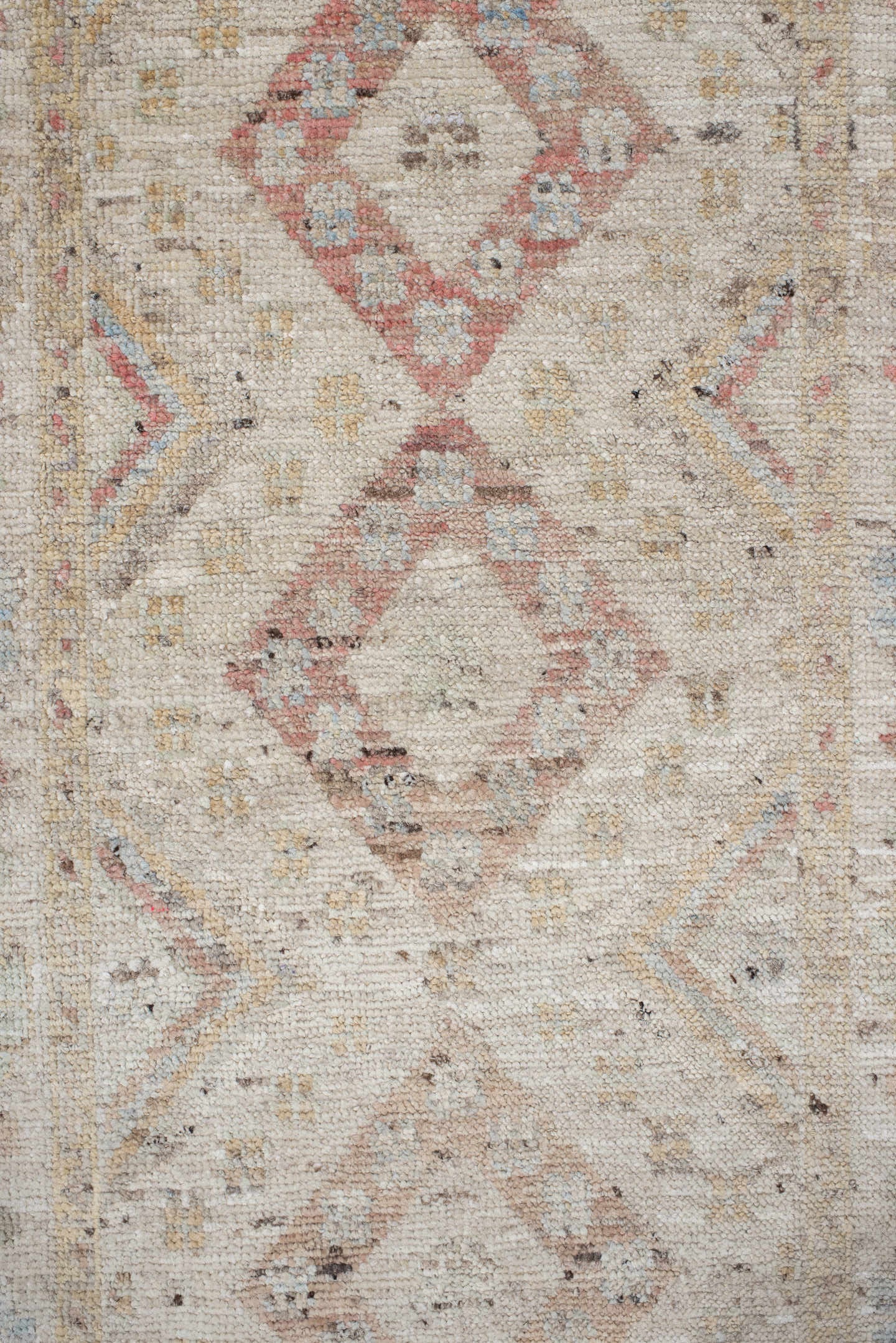2' x 10' one-of-a-kind handmade vintage Tulu runner rug. Color palette: ivory, blush, pale blue, beige, taupe, sage, camel
