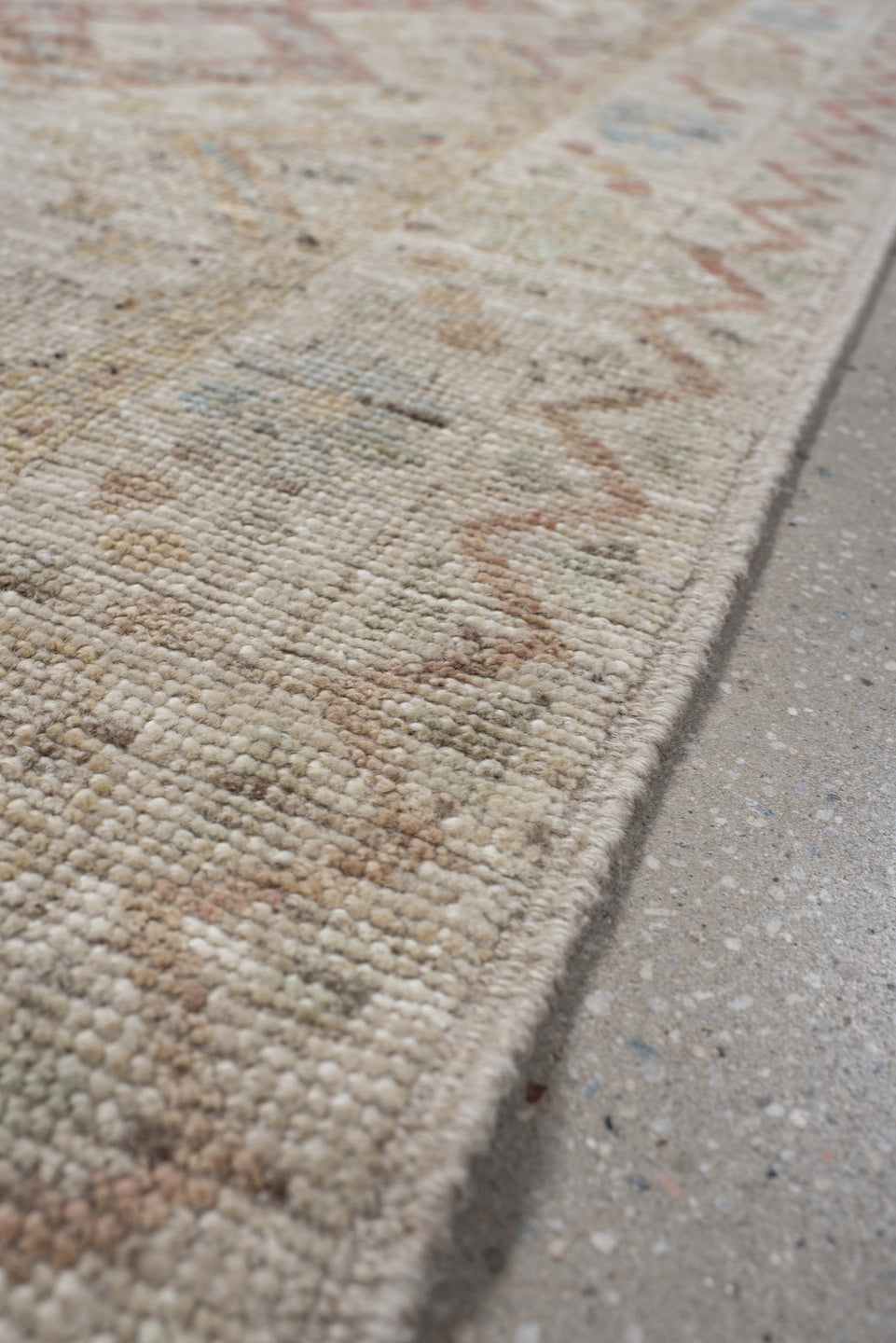 2' x 10' one-of-a-kind handmade vintage Tulu runner rug. Color palette: ivory, blush, pale blue, beige, taupe, sage, camel