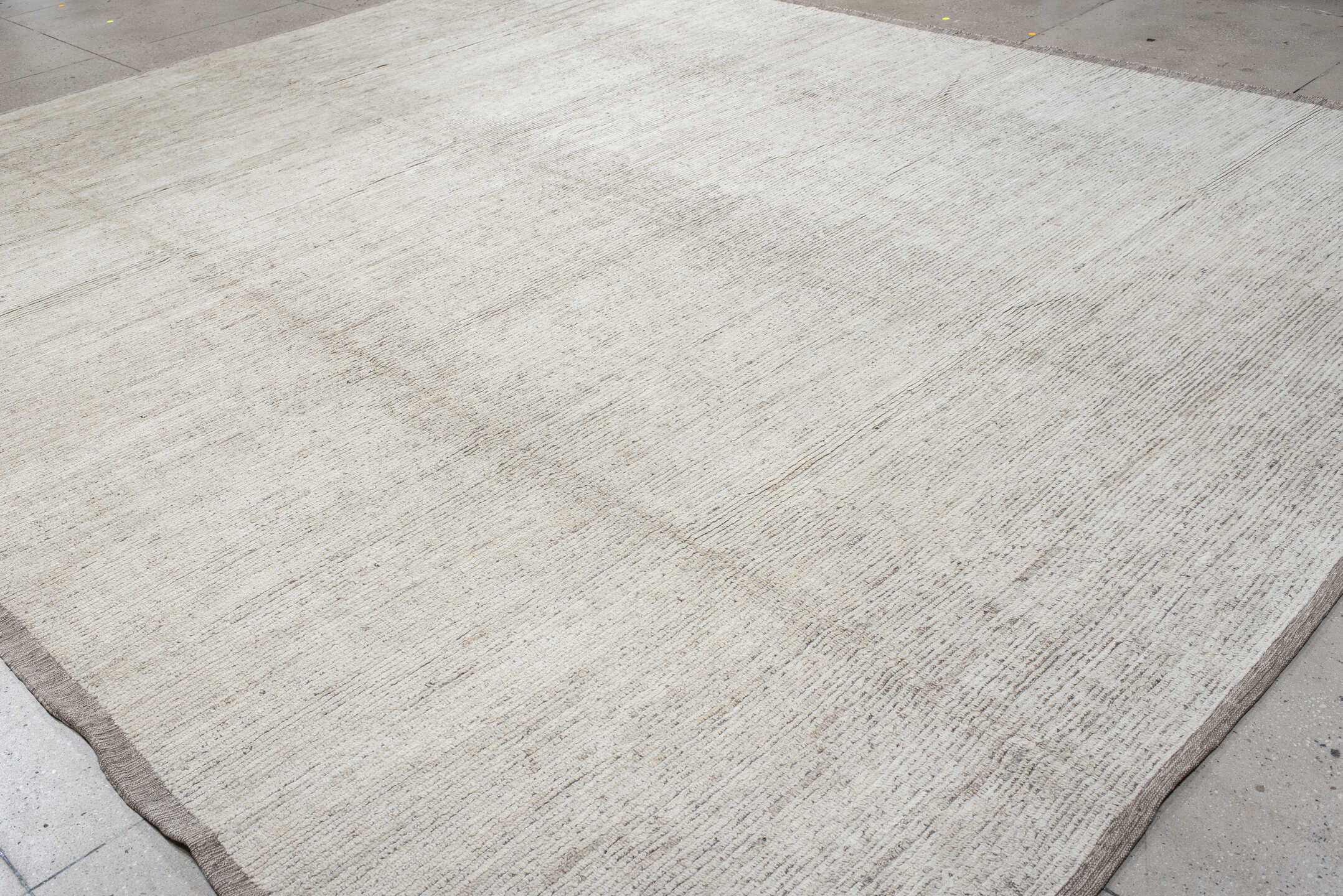 12' x 14' one-of-a-kind handmade vintage Tulu oversize rug. Color palette: dark gray, gainsboro, gray, light gray, linen