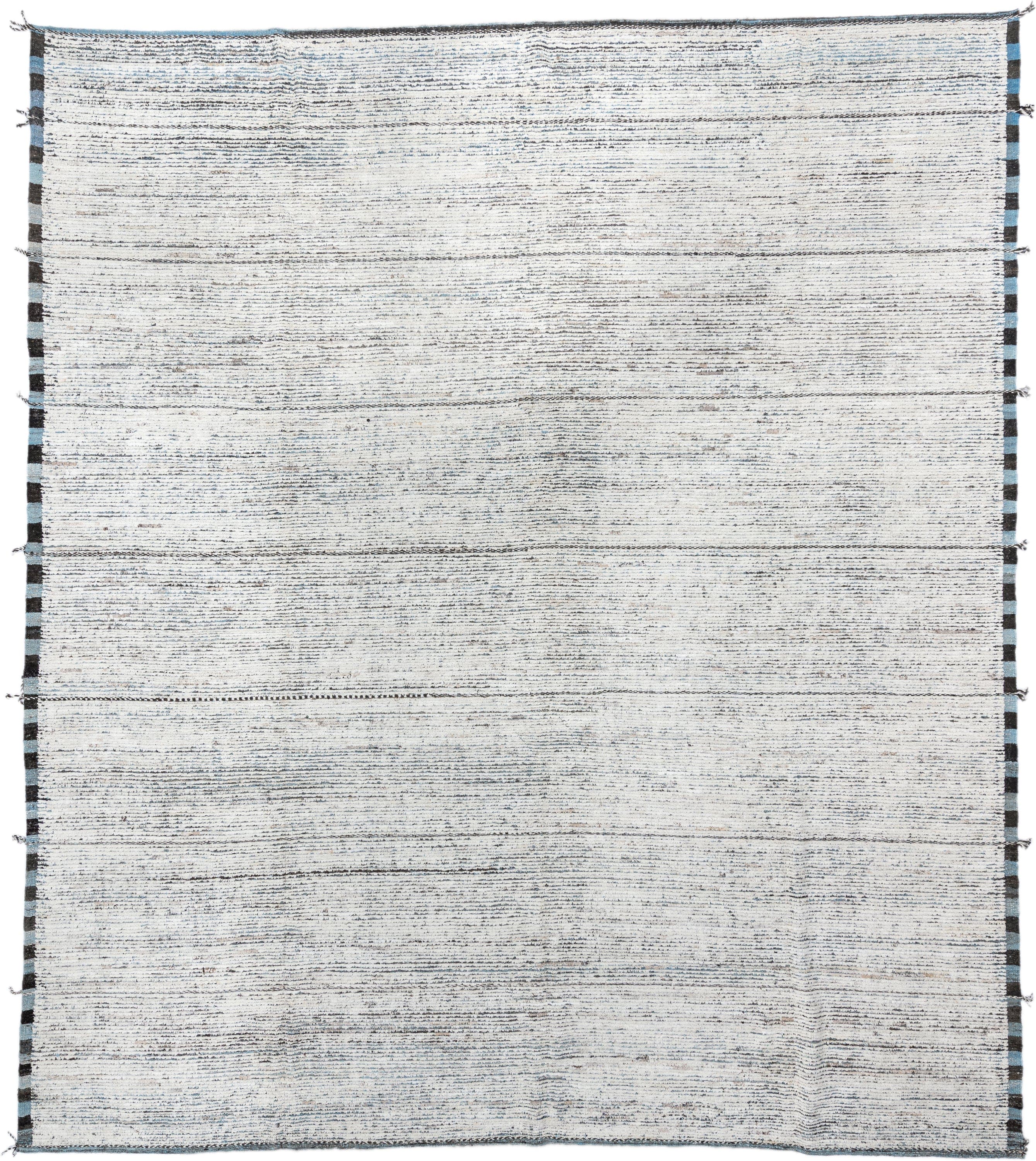 12' x 14' one-of-a-kind handmade vintage Tulu oversize rug. Color palette: ivory, charcoal, slate, sky_blue, gray, black