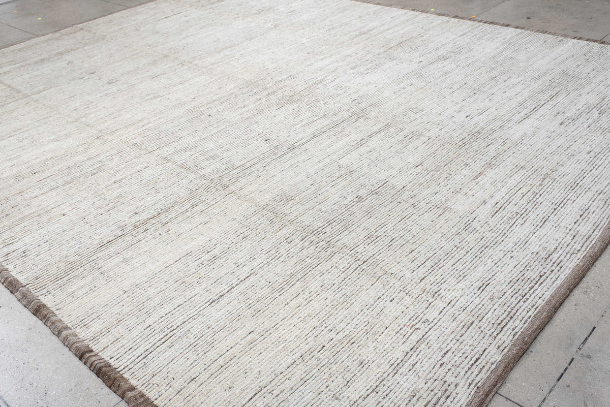12' x 15' one-of-a-kind handmade vintage Tulu oversize rug. Color palette: ivory, taupe, beige, gray