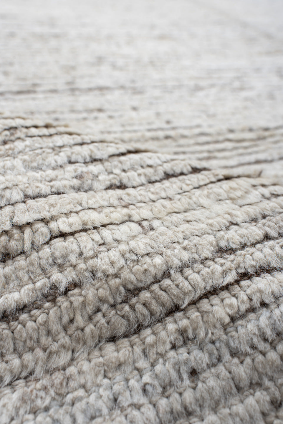 12' x 15' one-of-a-kind handmade vintage Tulu oversize rug. Color palette: ivory, taupe, beige, gray