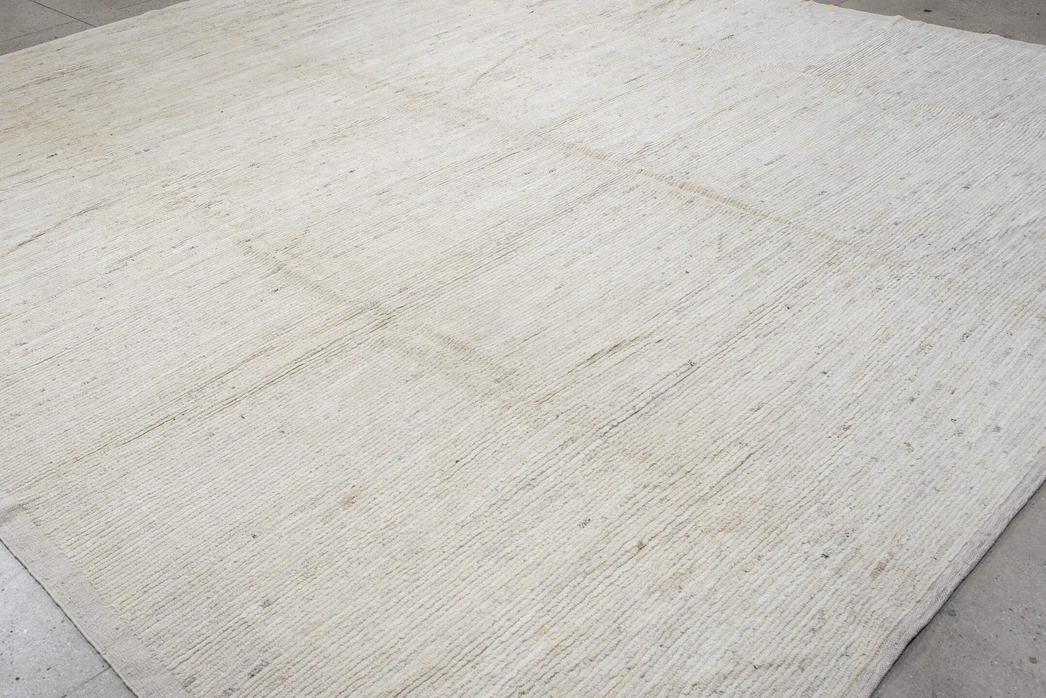12' x 15' one-of-a-kind handmade vintage Tulu oversize rug. Color palette: ivory, cream, beige, taupe, light gray, gray
