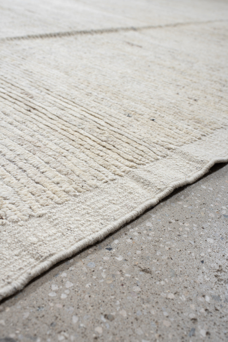 12' x 15' one-of-a-kind handmade vintage Tulu oversize rug. Color palette: ivory, cream, beige, taupe, light gray, gray