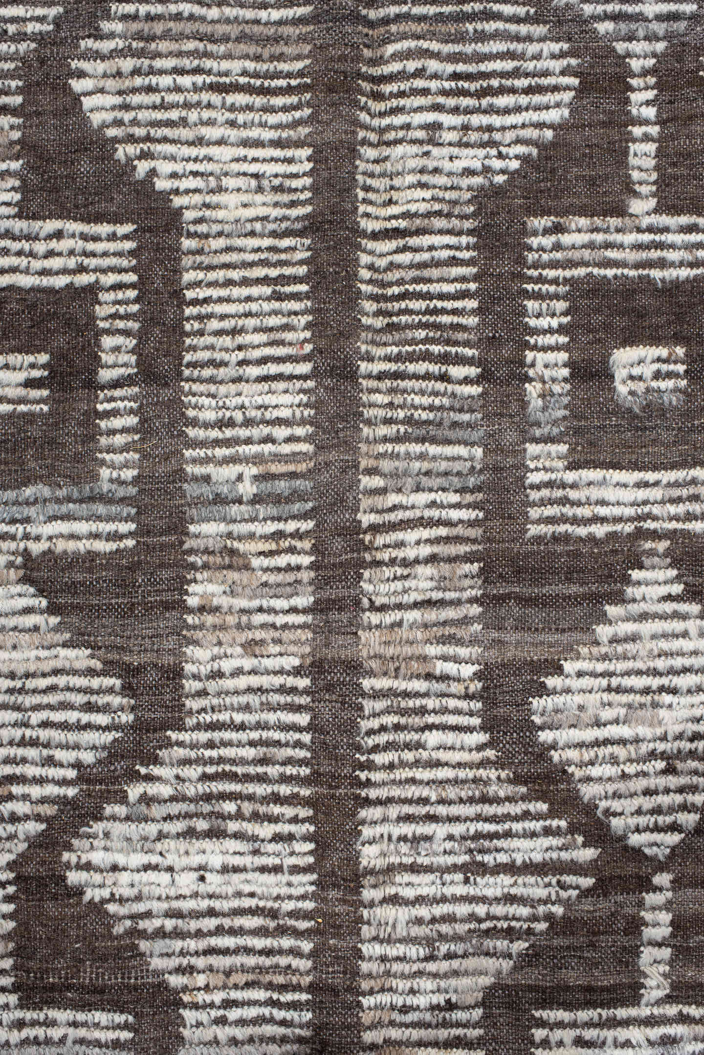13' x 15' one-of-a-kind handmade vintage Tulu oversize rug. Color palette: ivory, brown, taupe, charcoal, beige, gray, black
