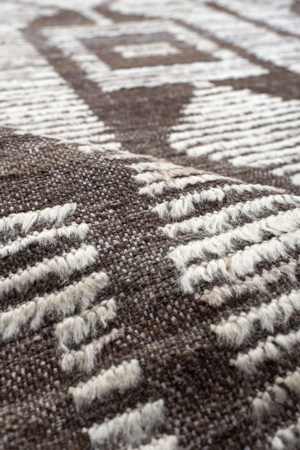 13' x 15' one-of-a-kind handmade vintage Tulu oversize rug. Color palette: ivory, brown, taupe, charcoal, beige, gray, black