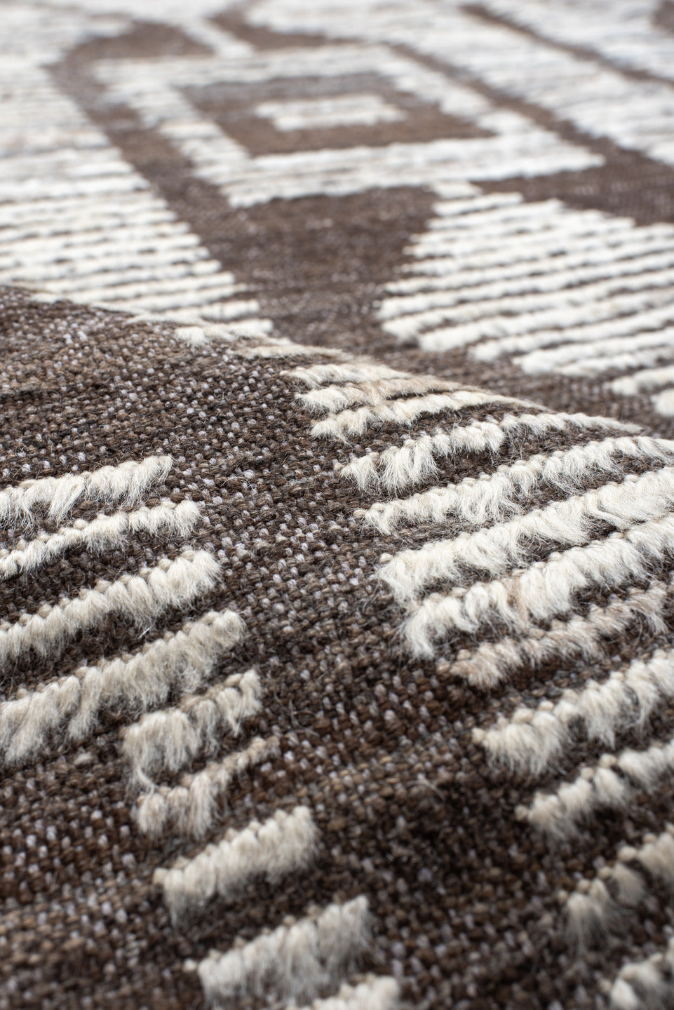 13' x 15' one-of-a-kind handmade vintage Tulu oversize rug. Color palette: ivory, brown, taupe, charcoal, beige, gray, black